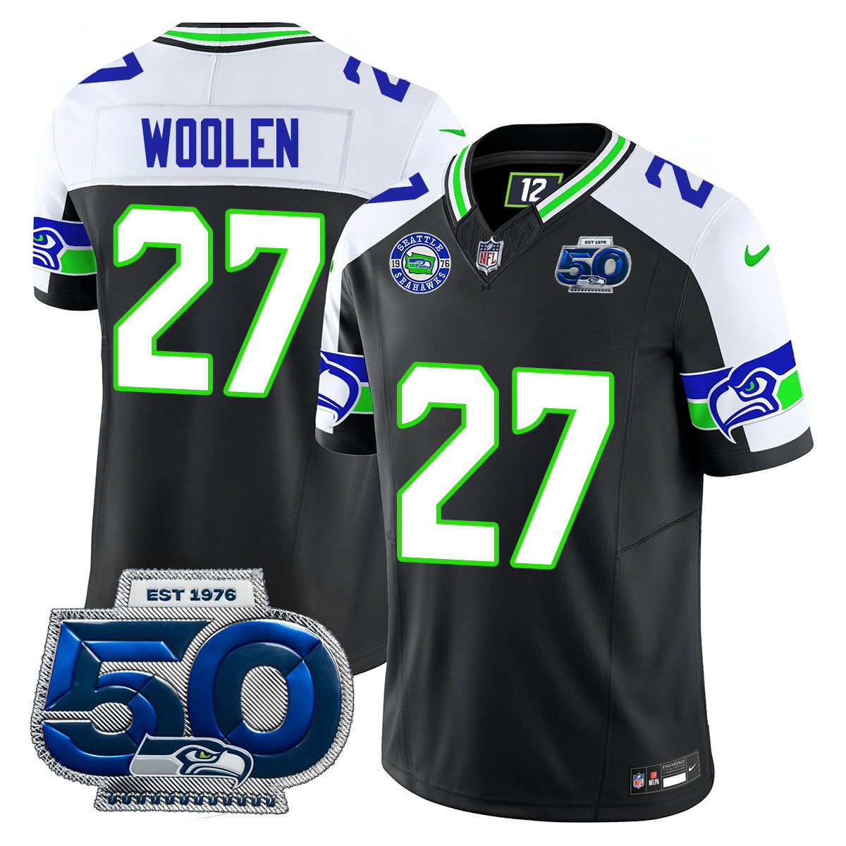 Riq Woolen - 27 Men's Seattle Seahawks 50th Season Vapor Limited Black Alternate Jersey - All Stitched