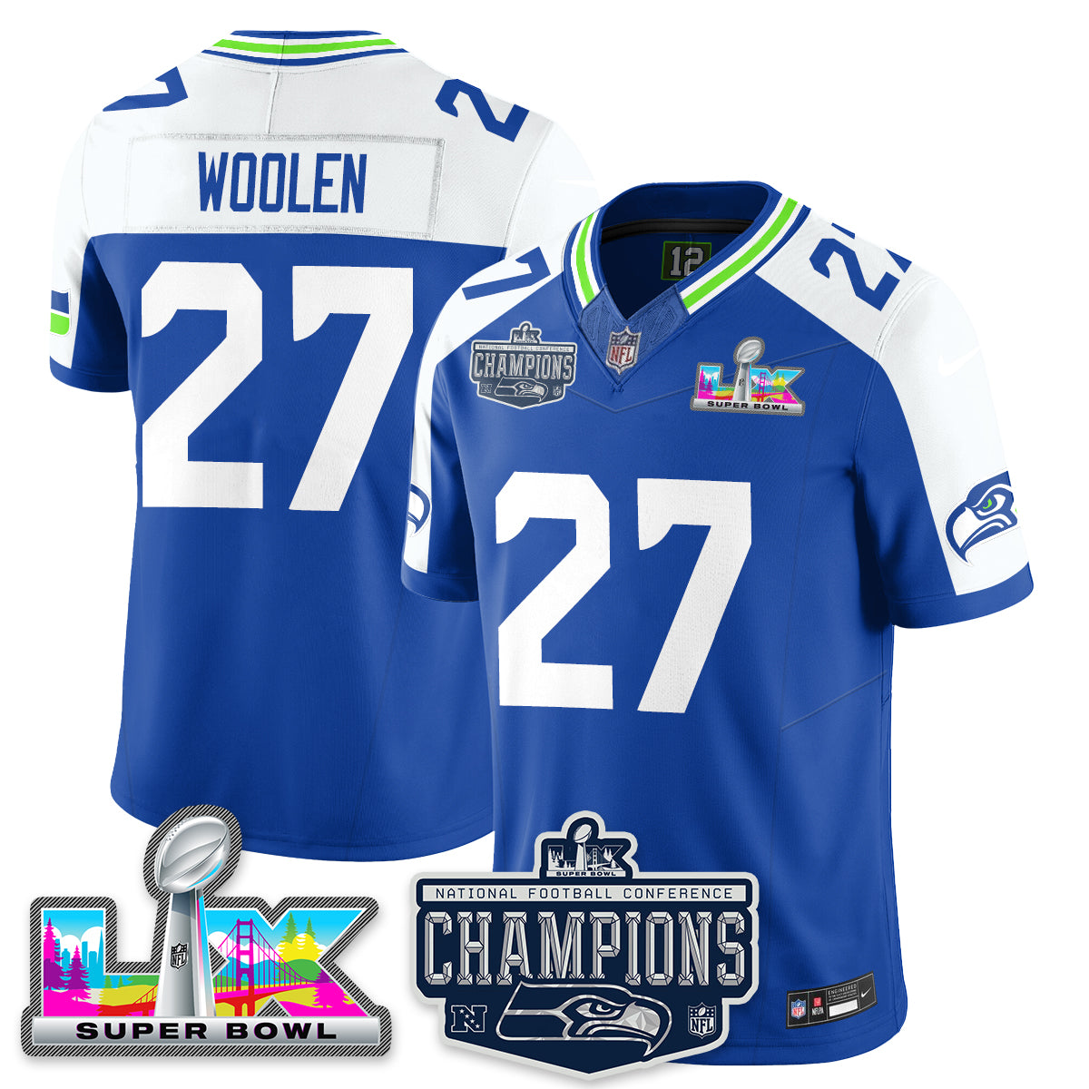 Riq Woolen - 27 Seattle Seahawks 2025 NFC Champions Vapor Limited Royal Alternate Jersey - All Stitched