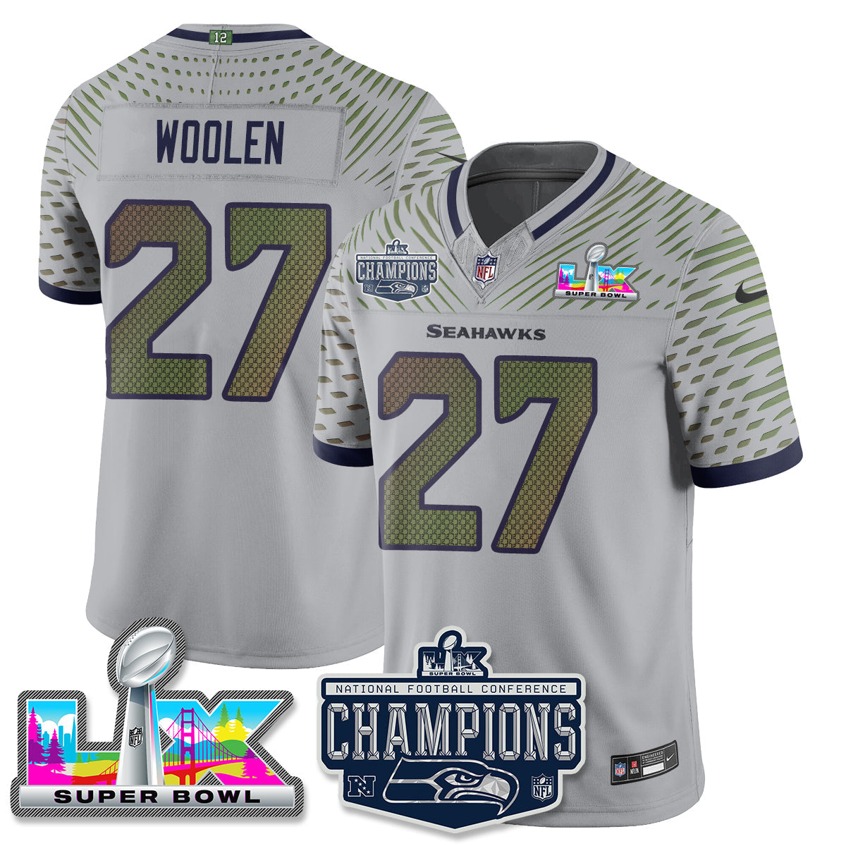 Riq Woolen - 27 Seattle Seahawks 2025 NFC Champions Vapor Limited Wolf Gray Jersey - All Stitched