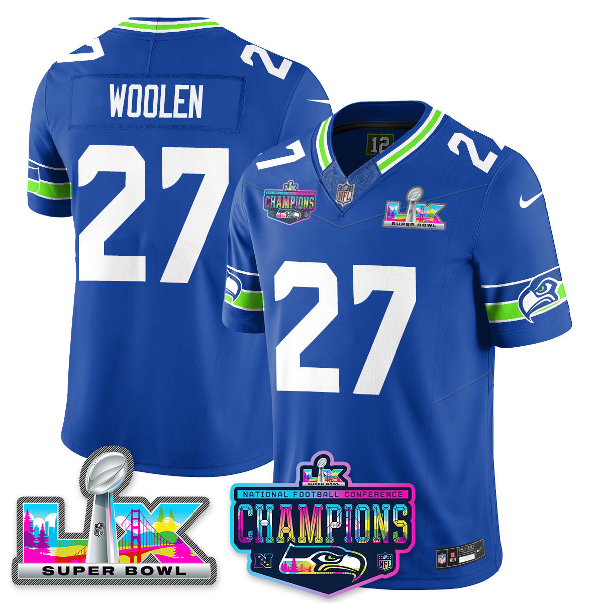 Riq Woolen - 27 Seattle Seahawks 2025 Vapor Limited Royal Jersey - NFC Champions Limited Patch - All Stitched