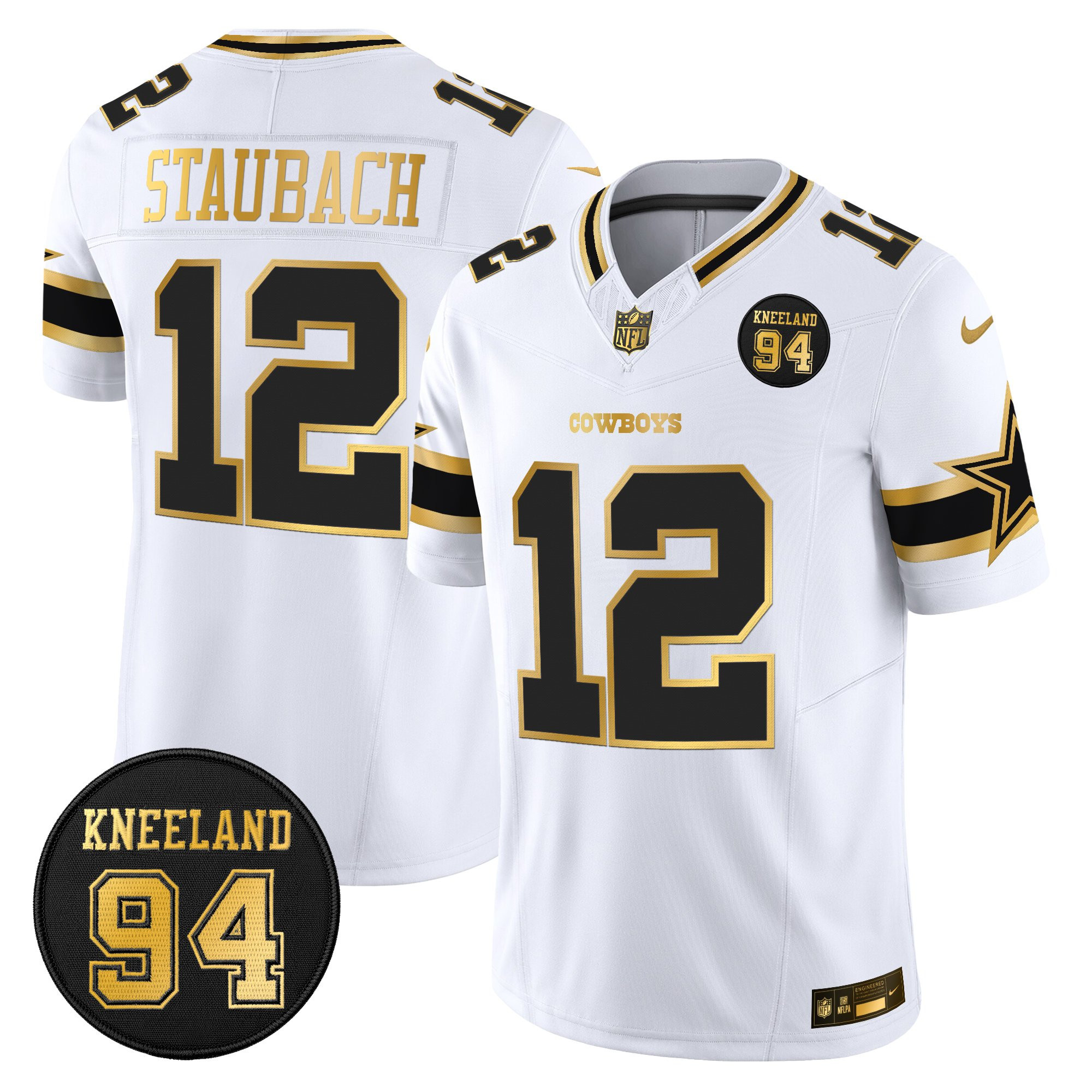 Roger Staubach Men's Dallas Cowboys #94 Marshawn Kneeland Memorial Patch Gold Vapor Limited White Gold Jersey - All Stitched