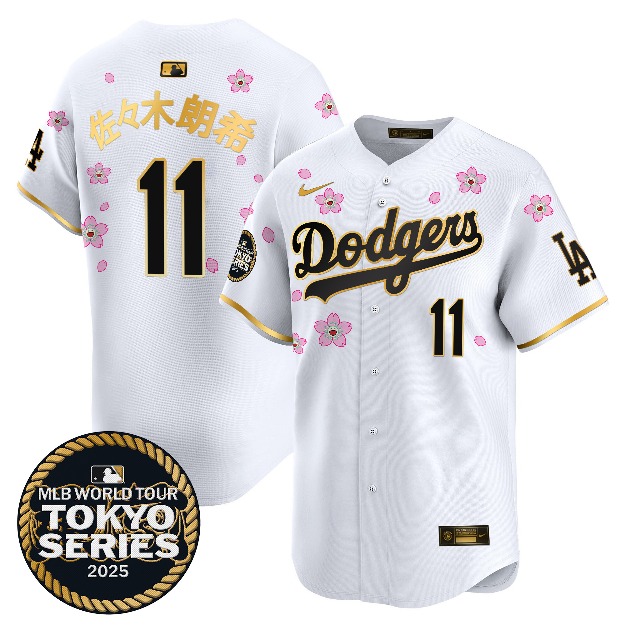 Roki Sasaki (Kanji) Men's Los Angeles Dodgers Tokyo Series 2025 Gold Trim Vapor Premier Limited White Gold Jersey V2 - Stitched