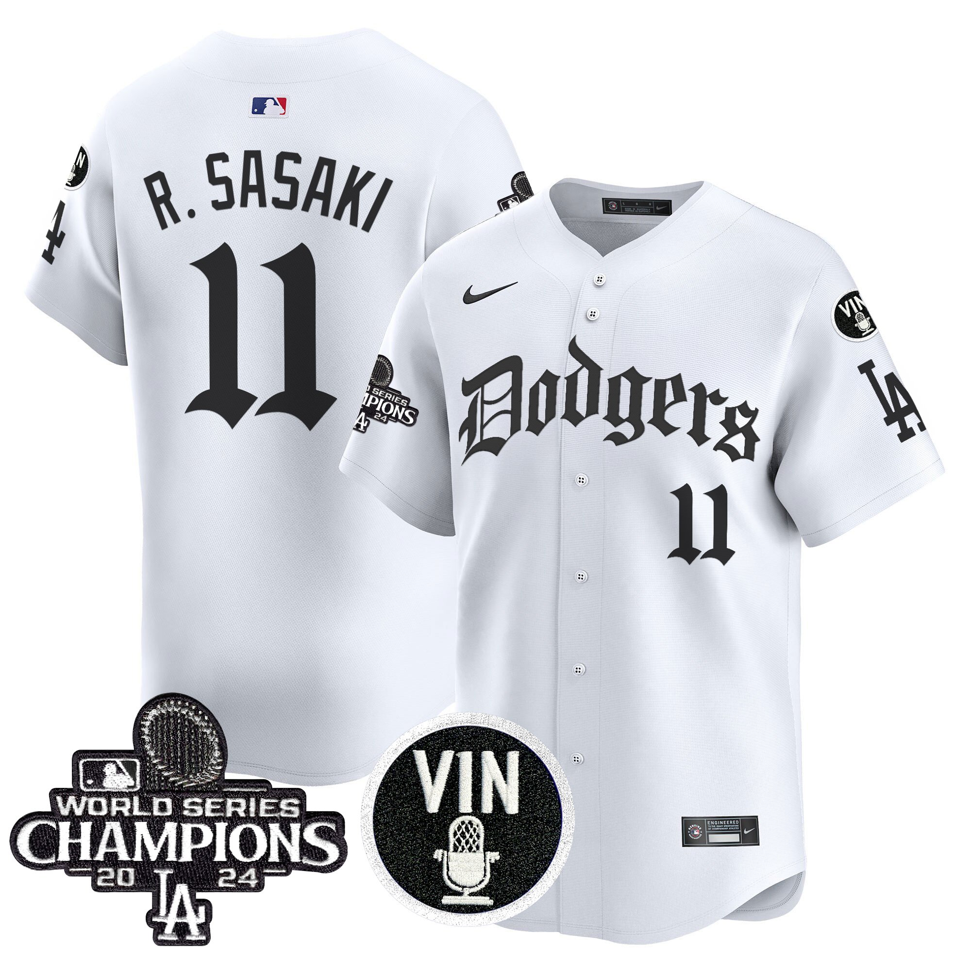 Roki Sasaki Men's Los Angeles Dodgers 2025 LA Gothic Style Vapor Premier Limited White Jersey V2 - All Stitched