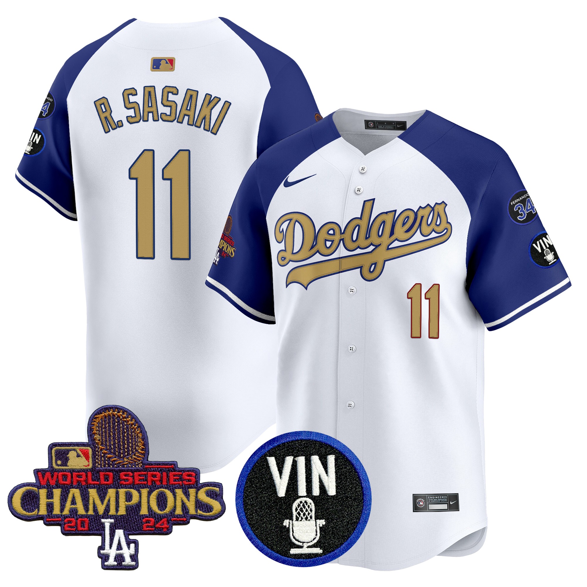 Roki Sasaki Men's Los Angeles Dodgers 2025 Vin Scully & #34 Fernando Patch Gold Vapor Premier Limited Alternate Jersey - All Stitched