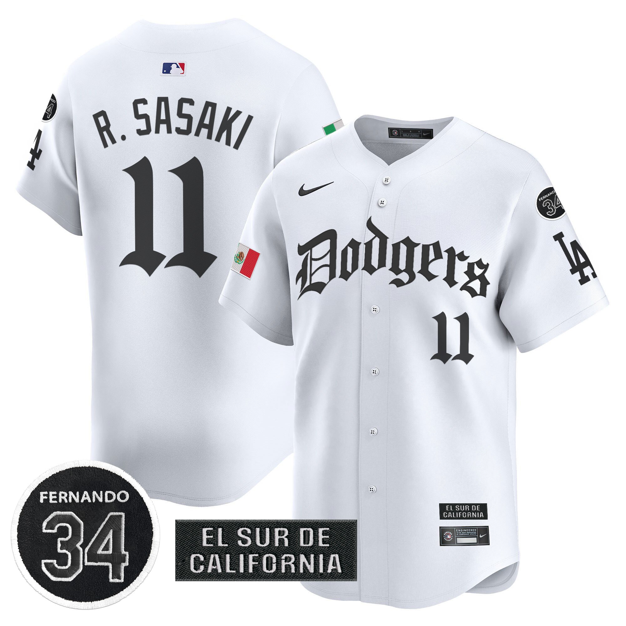 Roki Sasaki Men's Los Angeles Dodgers Mexico 2025 LA Gothic Style Vapor Premier Limited White Jersey V2 - All Stitched