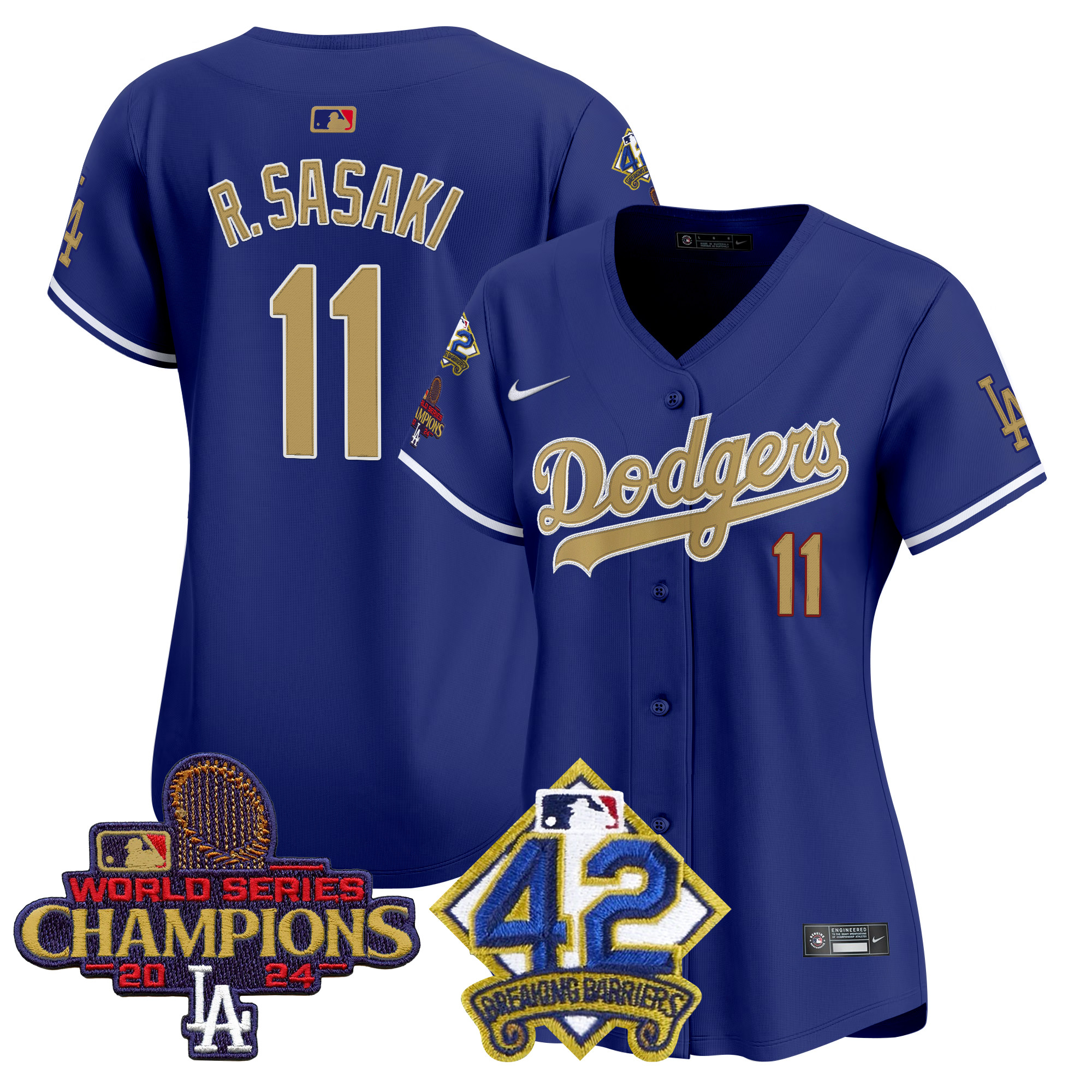 Roki Sasaki Women's Los Angeles Dodgers 2024 World Series Champions & Jackie Robinson Patch Vapor Premier Limited Royal Jersey - All Stitched