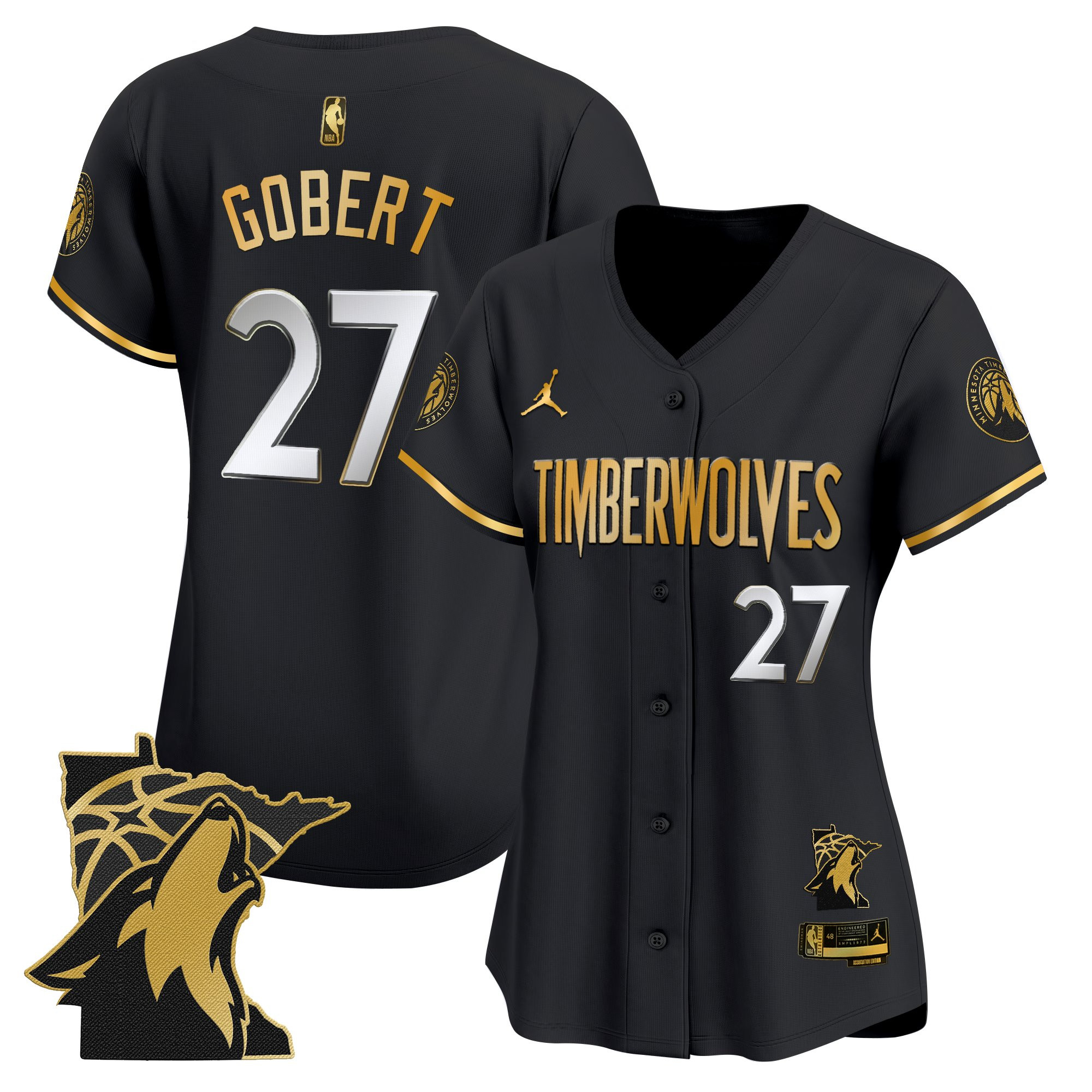Rudy Gobert Women's Minnesota Timberwolves 2025 Vapor Baseball Black Gold Jersey - All Stitched