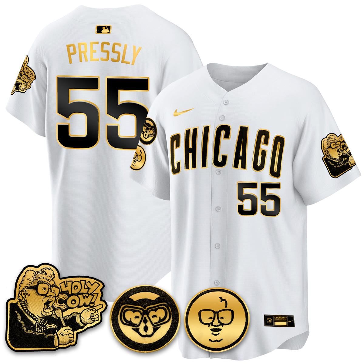 Ryan Pressly Men's Chicago Cubs Harry Caray Holy Cow Patch Premier Limited White Gold Jersey - All Stitched
