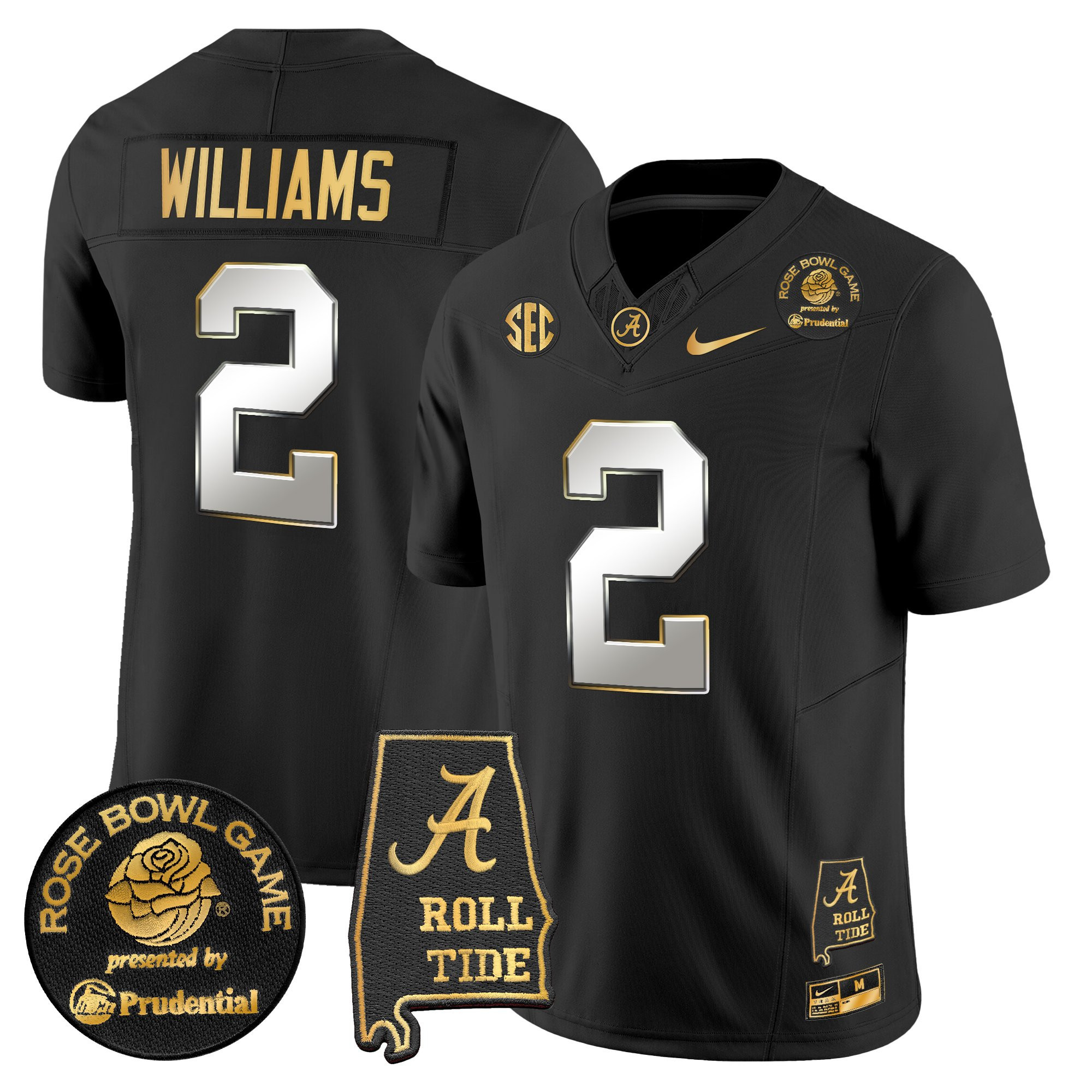 Ryan Williams Men's Alabama Crimson Tide 2025 Rose Bowl Gold Vapor Limited Black Limited Jersey - Alabama Map - All Stitched