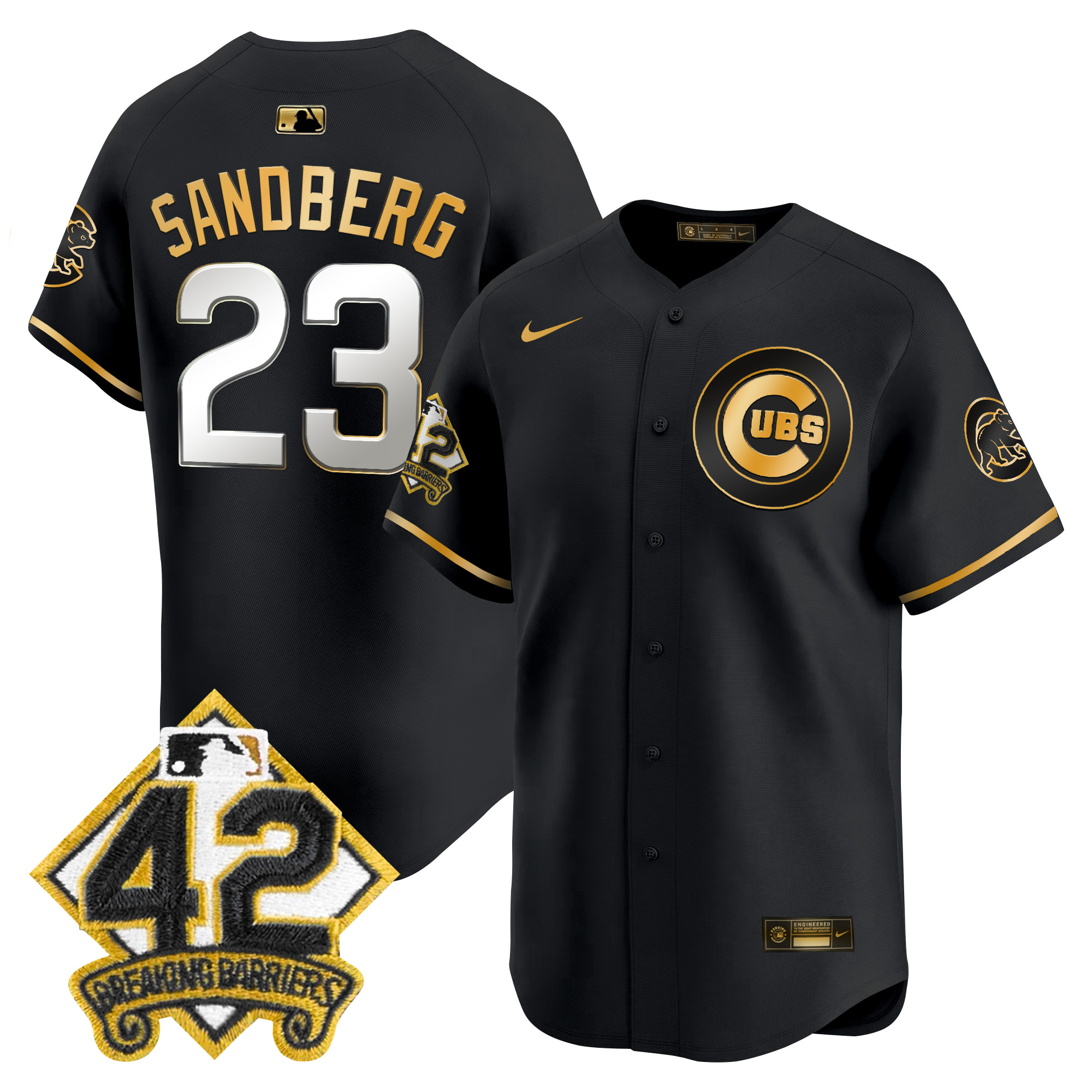 Ryne Sandberg Men's Chicago Cubs 2025 Jackie Robinson Patch Vapor Premier Limited Black Gold Jersey - All Stitched