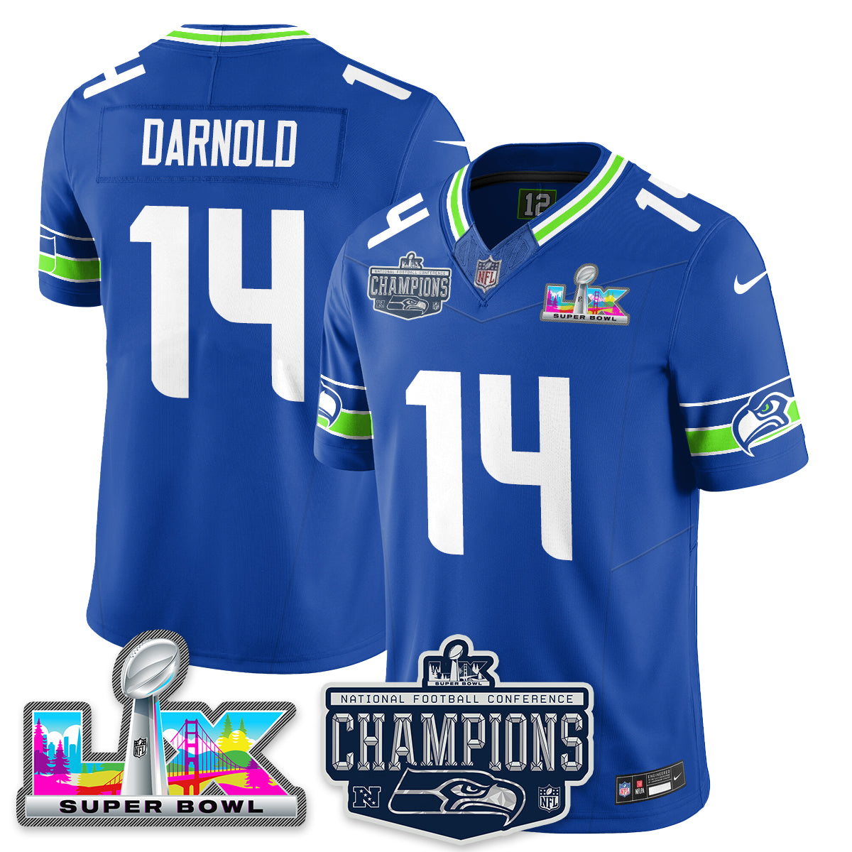Sam Darnold - 14 Seattle Seahawks 2025 NFC Champions Vapor Limited Royal Jersey - All Stitched