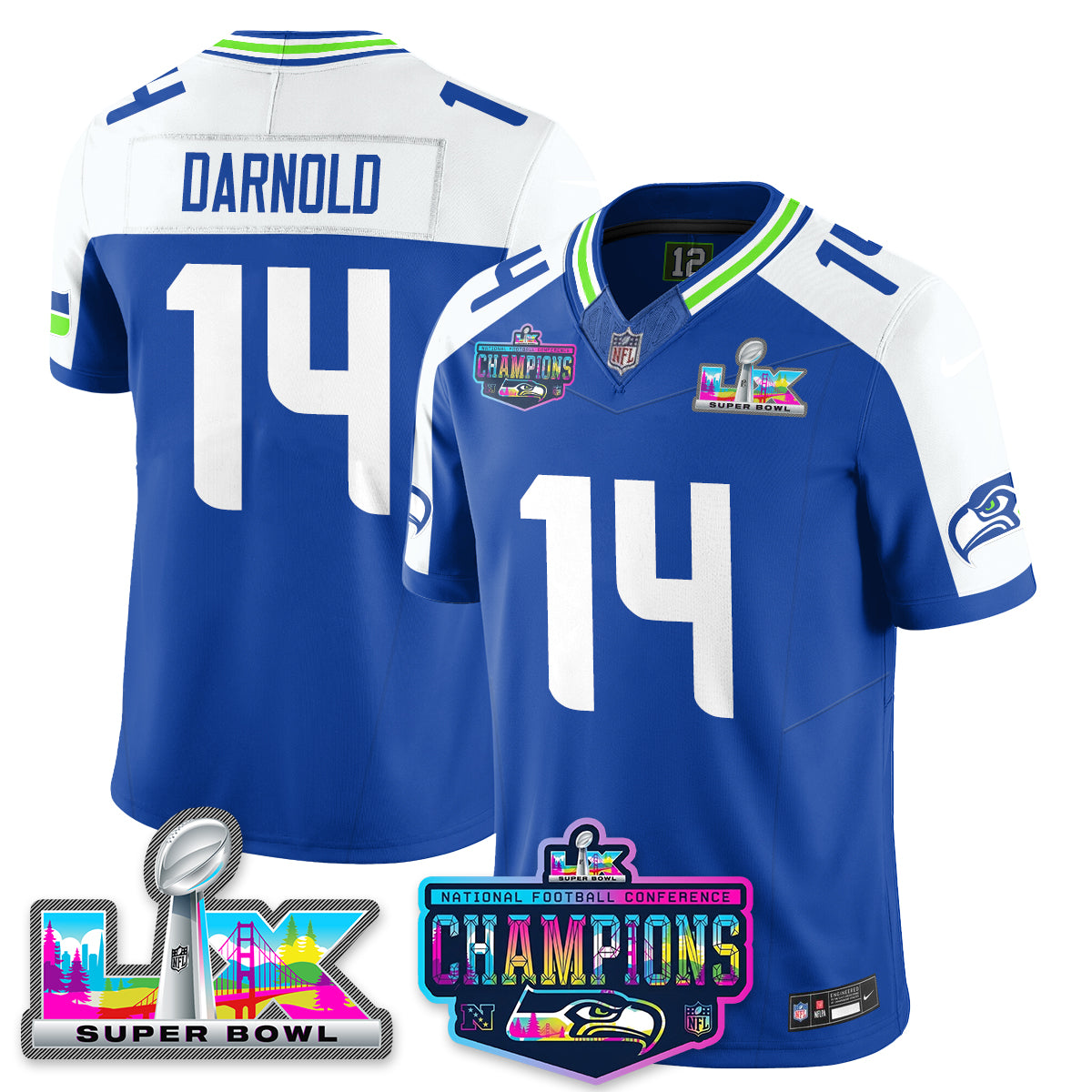 Sam Darnold - 14 Seattle Seahawks 2025 Vapor Limited Royal Alternate Jersey - NFC Champions Limited Patch - All Stitched