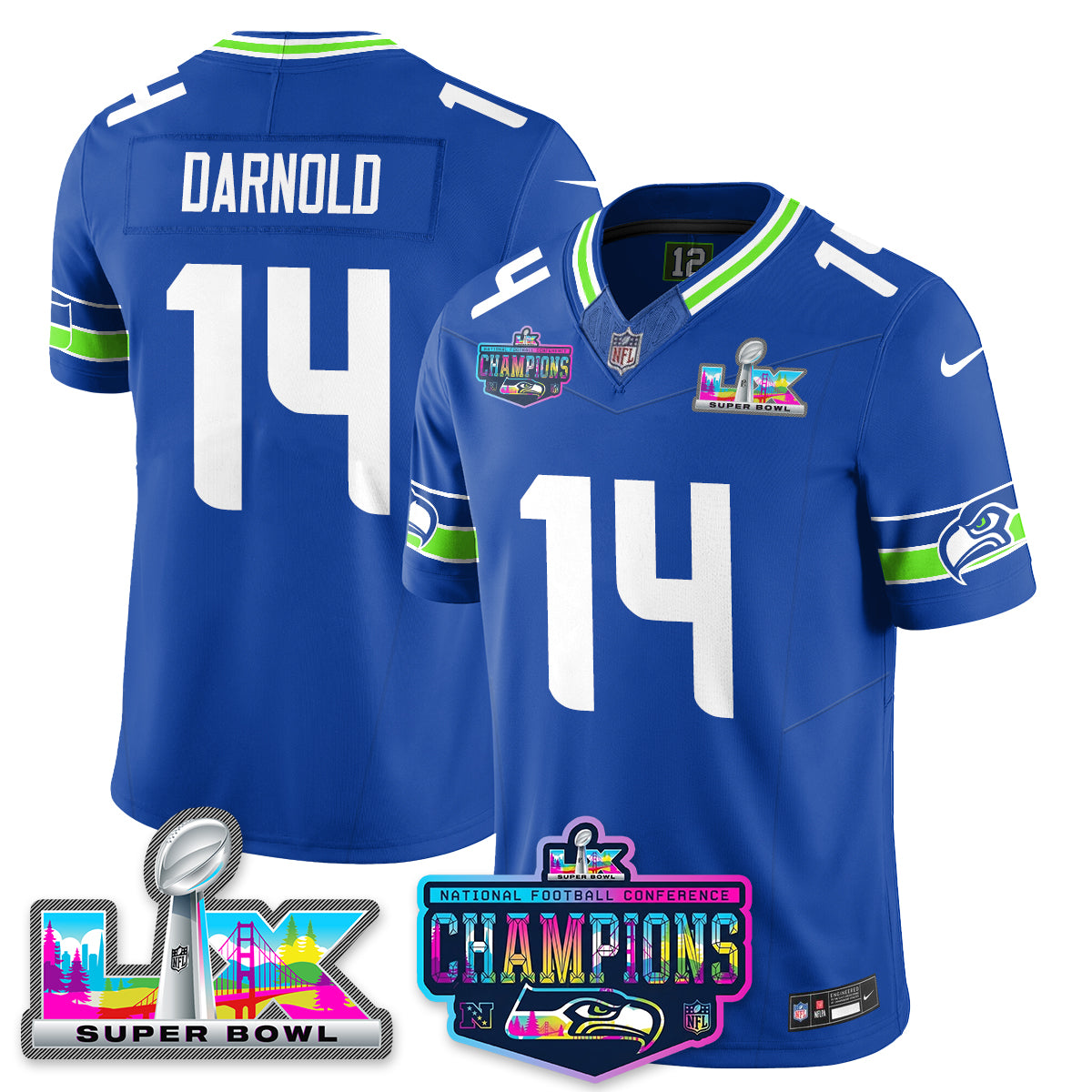 Sam Darnold - 14 Seattle Seahawks 2025 Vapor Limited Royal Jersey - NFC Champions Limited Patch - All Stitched