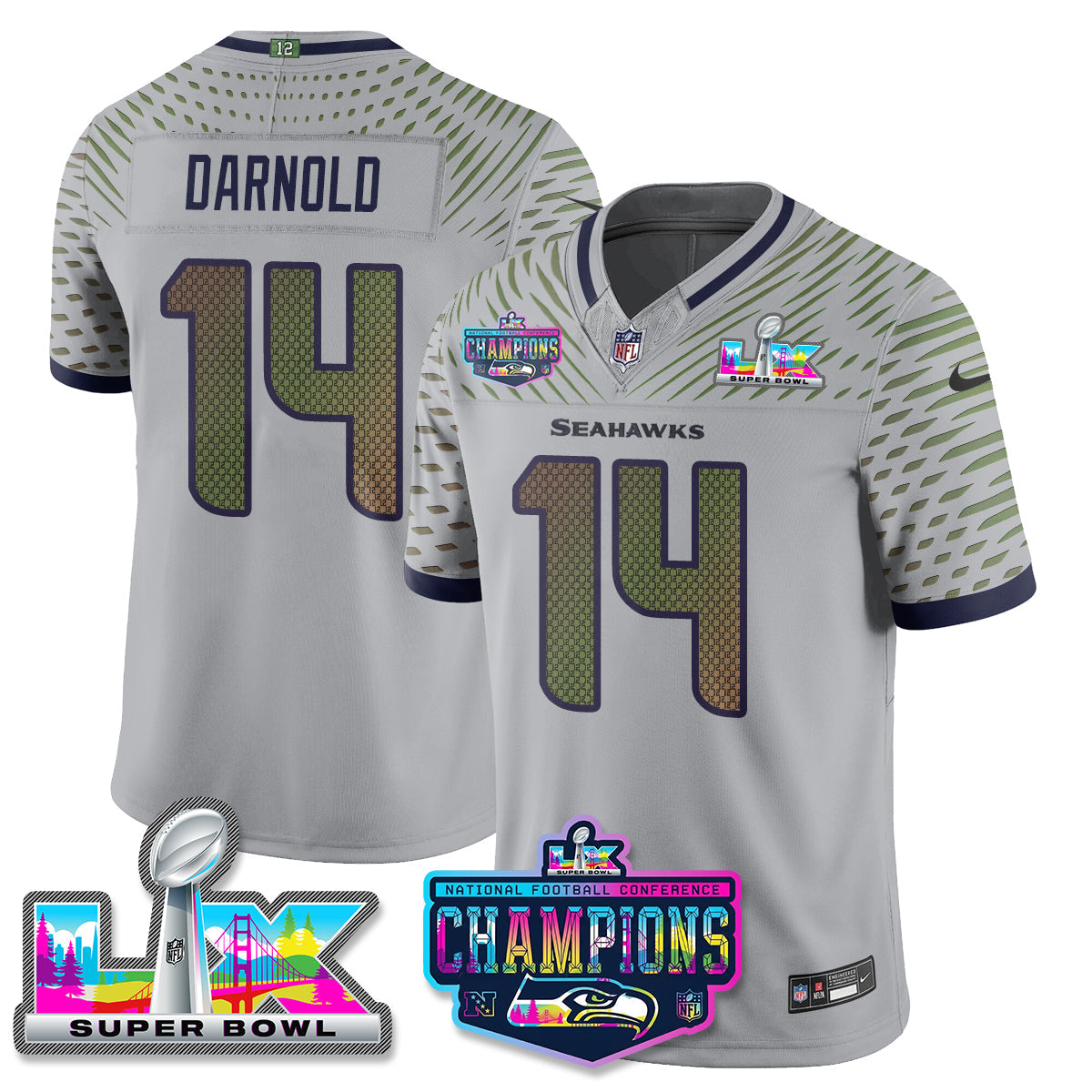 Sam Darnold - 14 Seattle Seahawks 2025 Vapor Limited Wolf Gray Jersey - NFC Champions Limited Patch - All Stitched