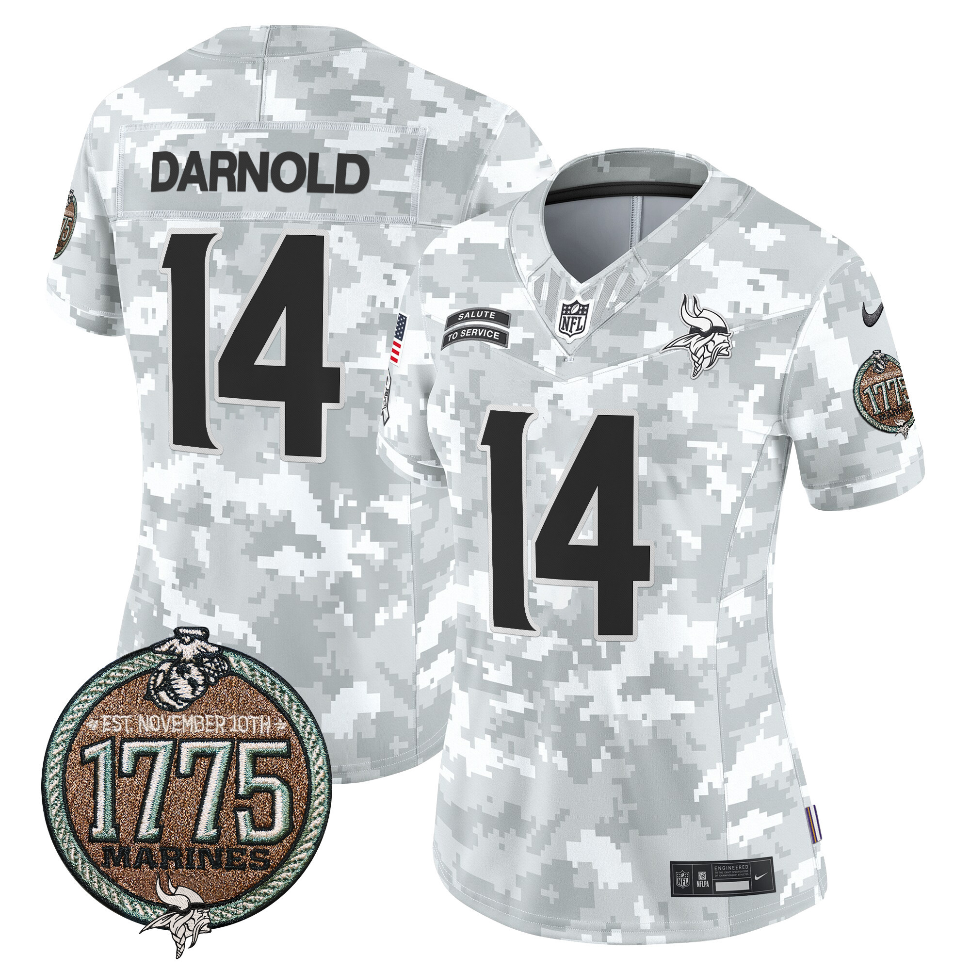 Sam Darnold Women's Minnesota Vikings 2024 Salute to Service Establishment Year Patch Vapor Limited Marines Jersey - All Stitched