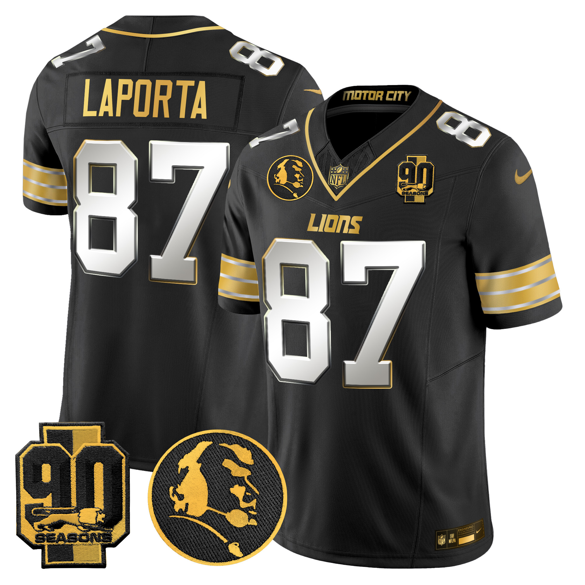Sam Laporta Men's Detroit Lions 2024 90th & John Madden Patch Gold Vapor Limited Black Limited Jersey - All Stitched