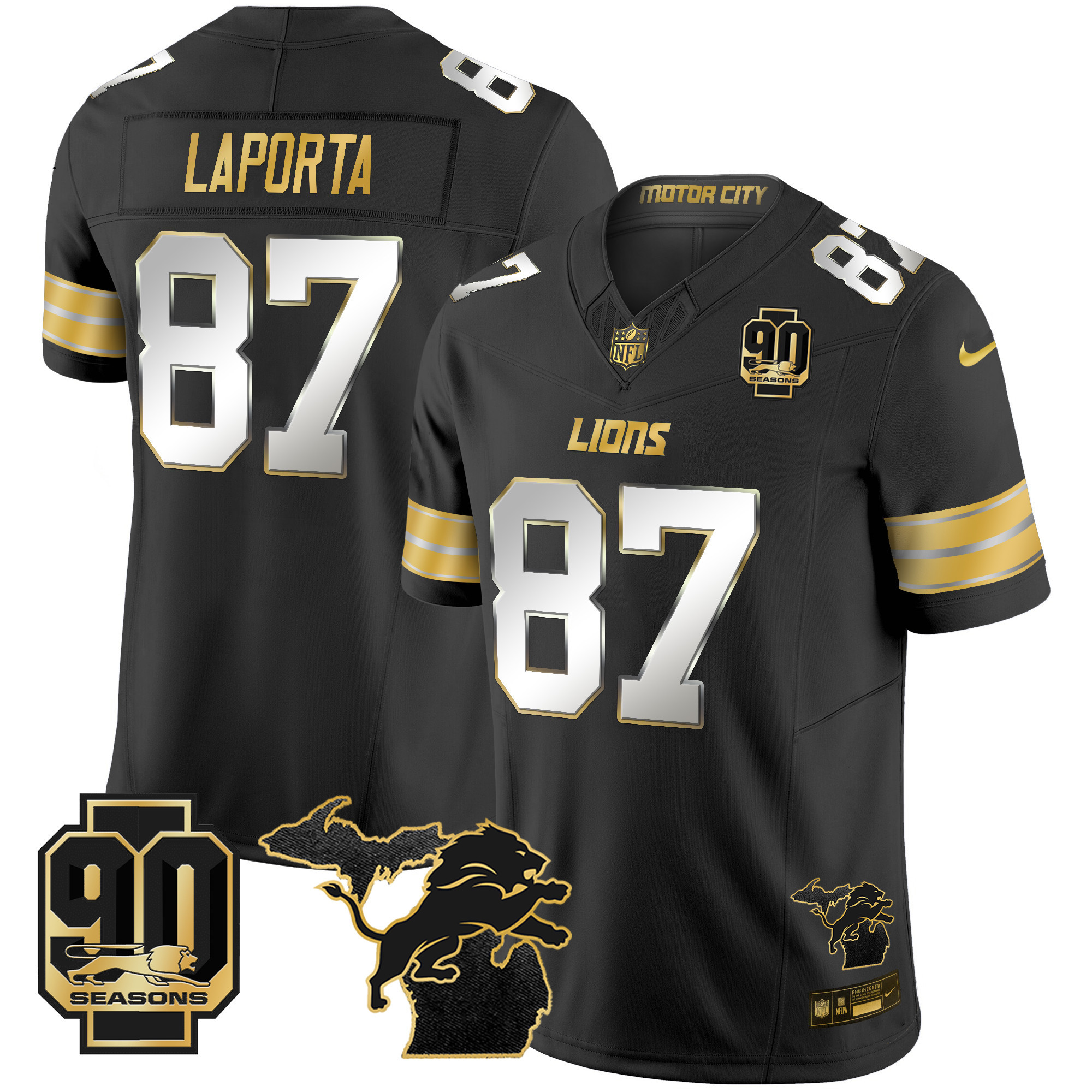 Sam Laporta Men's Detroit Lions 2024 Michigan & 90th Season Patch Gold Vapor Limited Black Limited Jersey - All Stitched