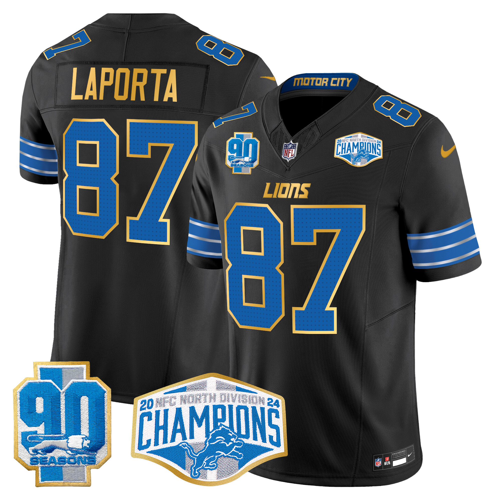 Sam Laporta Men's Detroit Lions 2024 NFC North Division Champions Patch Gold Trim Vapor Limited Black Jersey - All Stitched