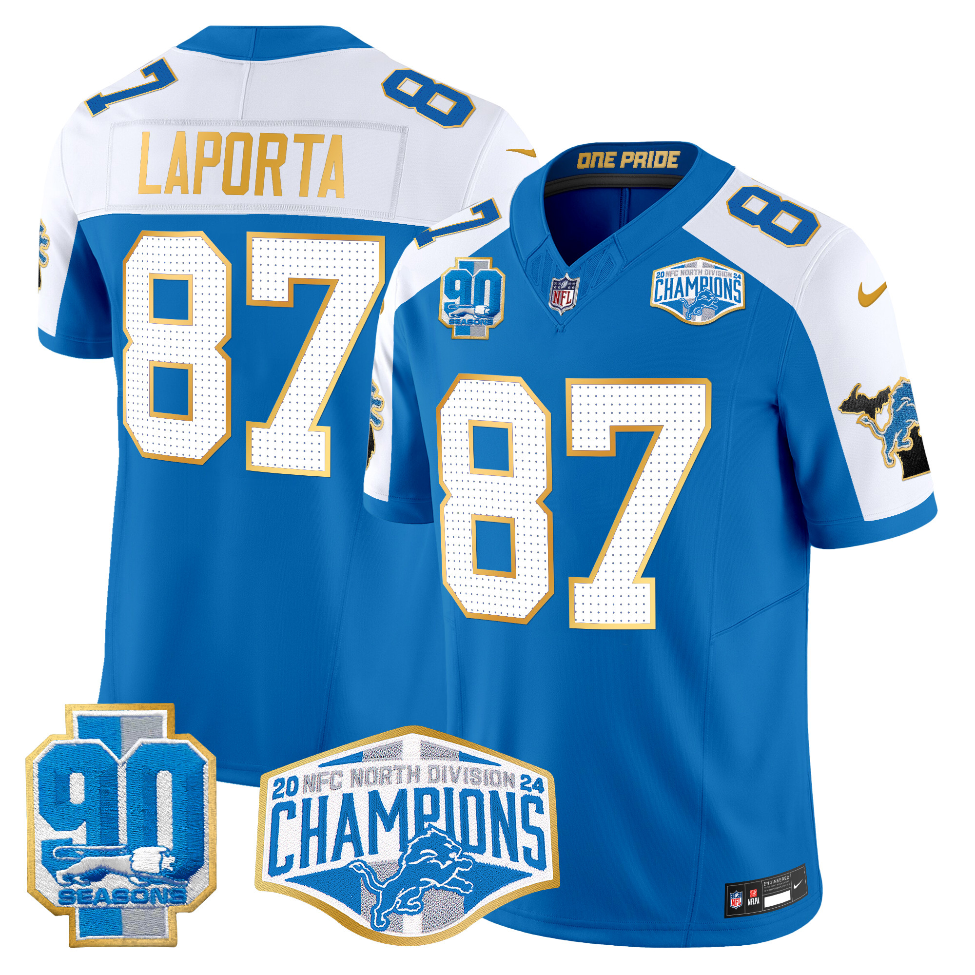 Sam Laporta Men's Detroit Lions 2024 NFC North Division Champions Patch Gold Trim Vapor Limited Blue Alternate Jersey - All Stitched