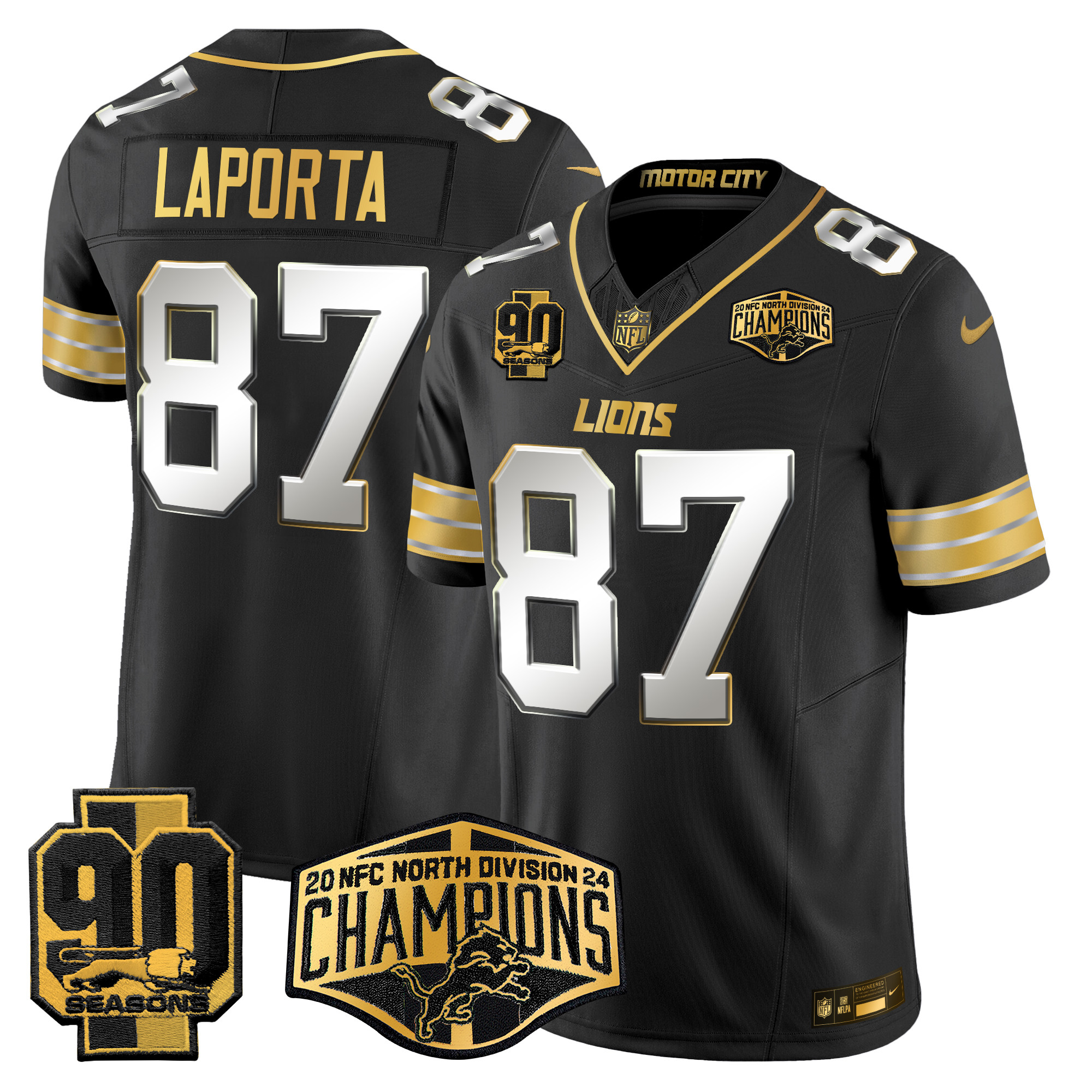 Sam Laporta Men's Detroit Lions 2024 NFC North Division Champions Patch Gold Vapor Limited Black Limited Jersey - All Stitched