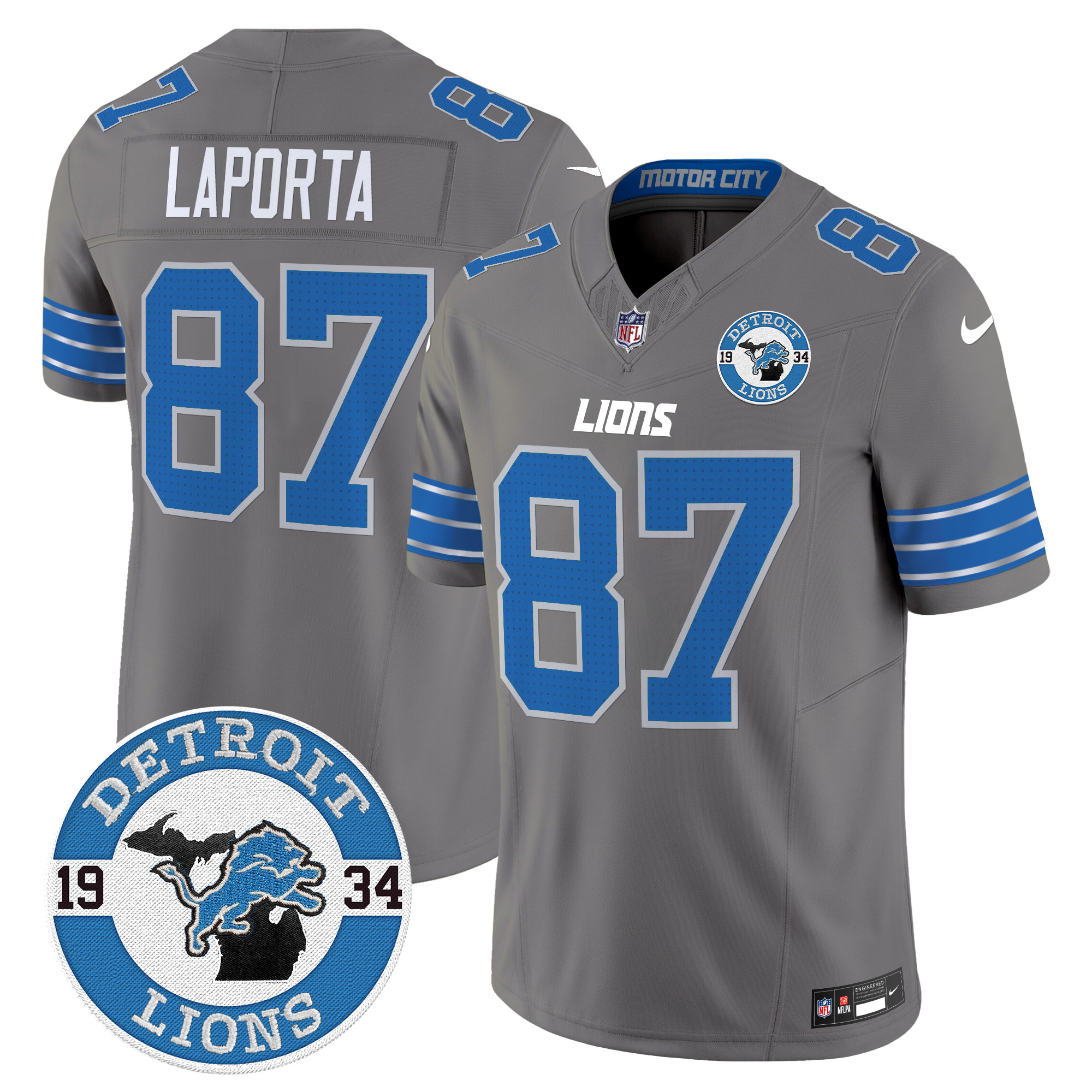 Sam Laporta Men's Detroit Lions 2024 Vapor Limited Gray Jersey - Est. 1934 Patch - All Stitched