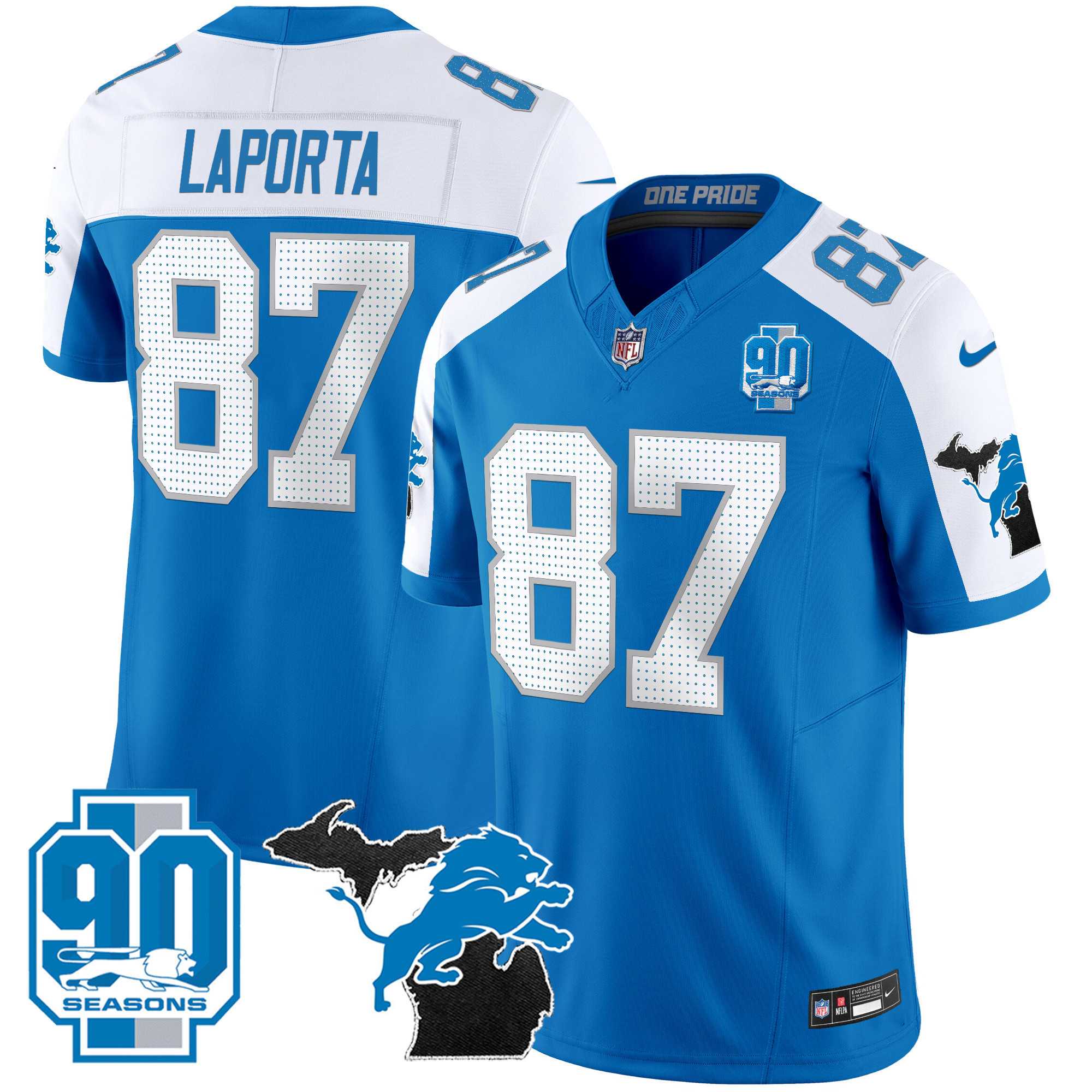 Sam Laporta Men's Detroit Lions 2025 Michigan & 90th Year Patch Vapor Blue Alternate Jersey - All Stitched