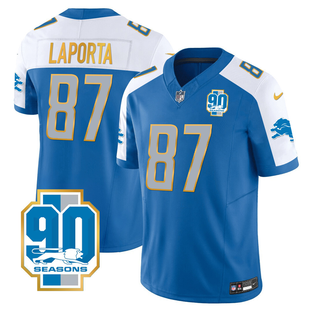 Sam Laporta Men's Detroit Lions 90th Year Patch Gold Trim Blue Alternate Jersey - All Stitched