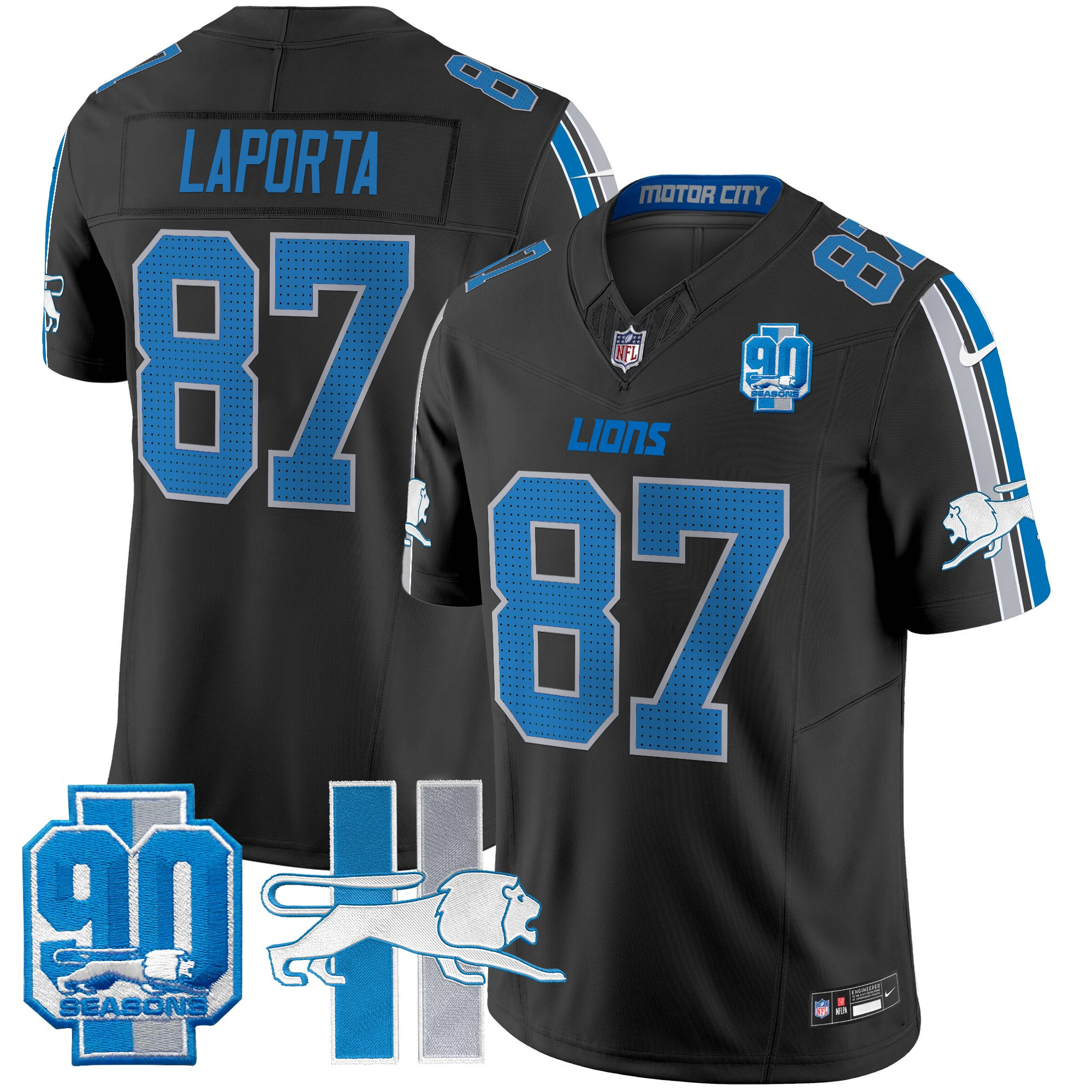 Sam Laporta Men's Detroit Lions Throwback 90th Year Patch Vapor Limited Black Jersey - All Stitched