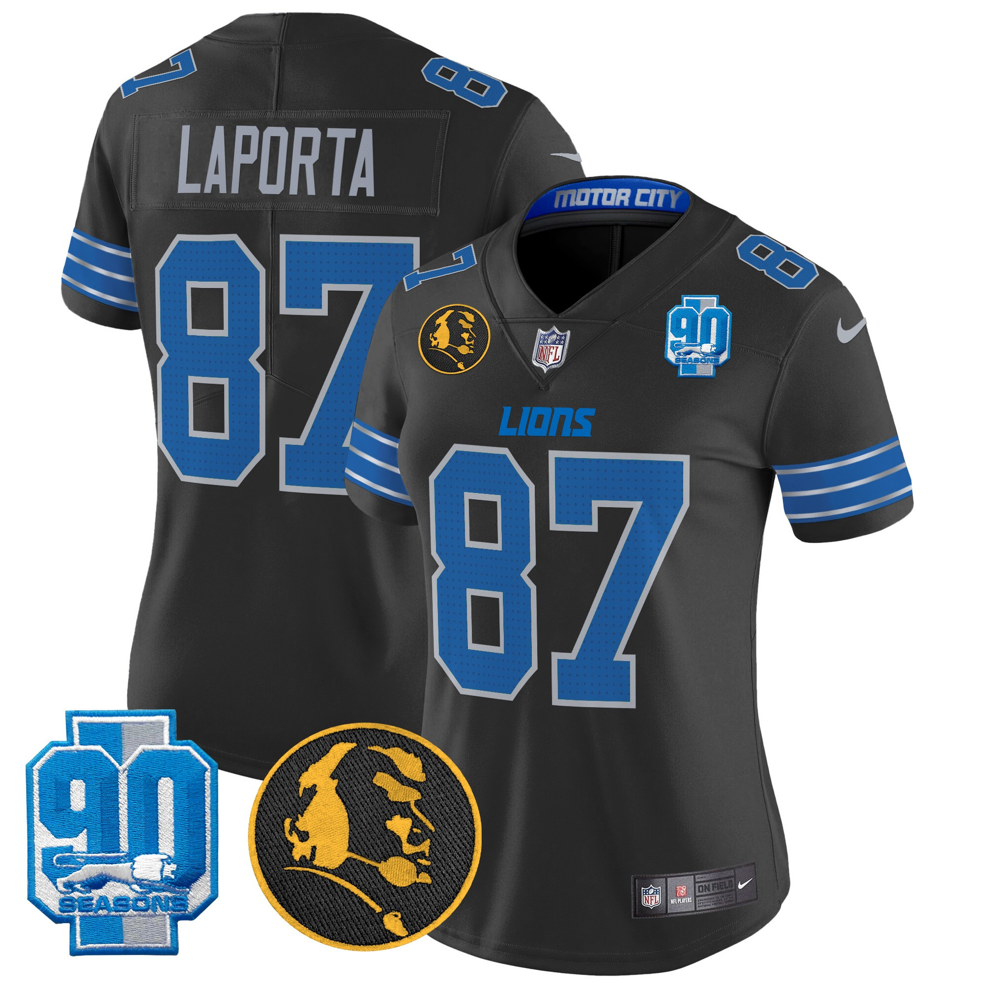 Sam Laporta Women's Detroit Lions 2024 90th & John Madden Patch Vapor Limited Black Jersey - All Stitched