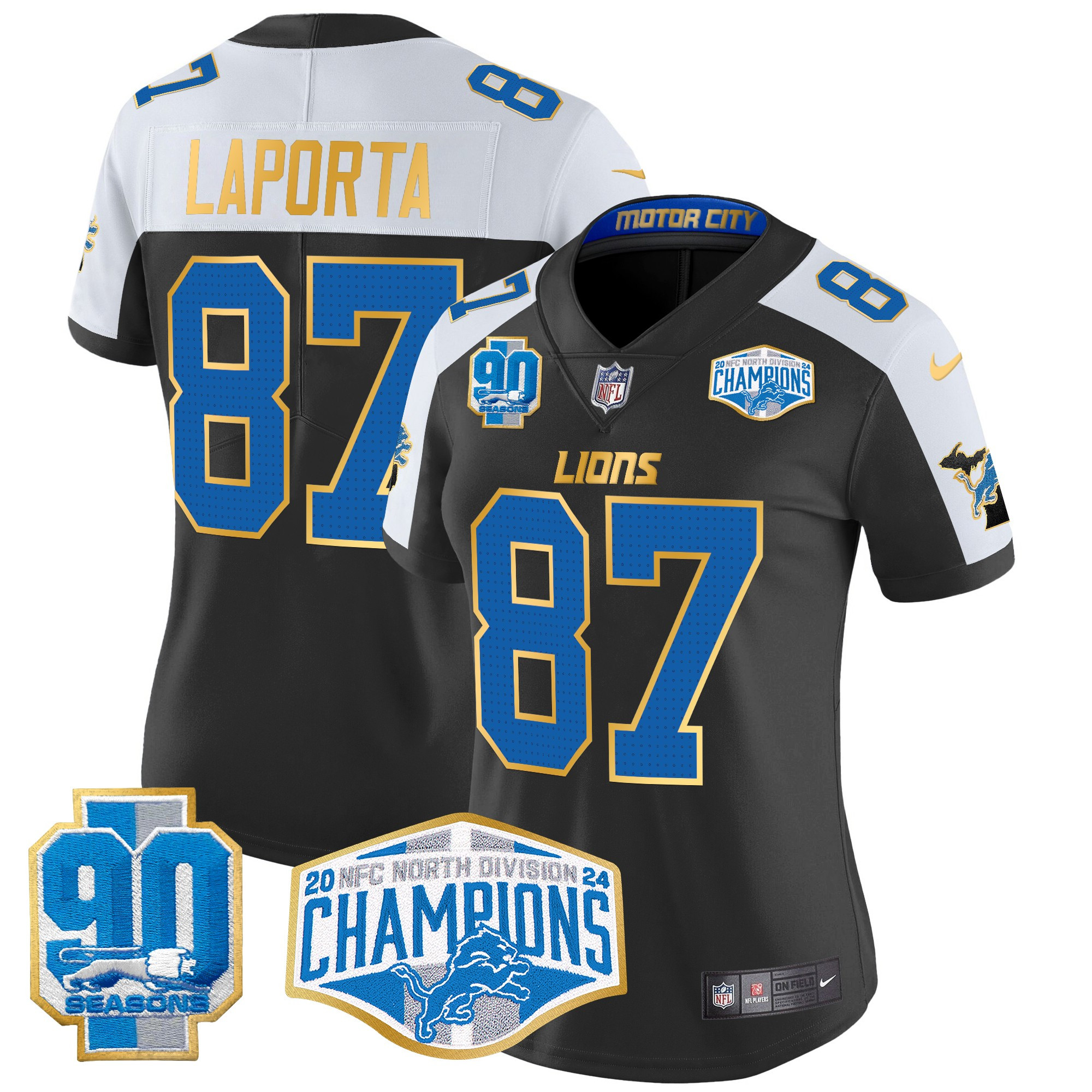 Sam Laporta Women's Detroit Lions 2024 NFC North Division Champions Patch Gold Trim Vapor Limited Black Alternate Jersey - All Stitched