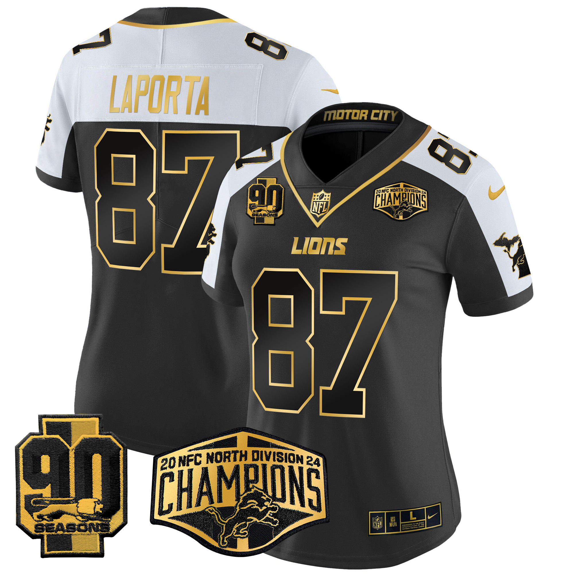 Sam Laporta Women's Detroit Lions 2024 NFC North Division Champions Patch Gold Vapor Limited Alternate Jersey - All Stitched