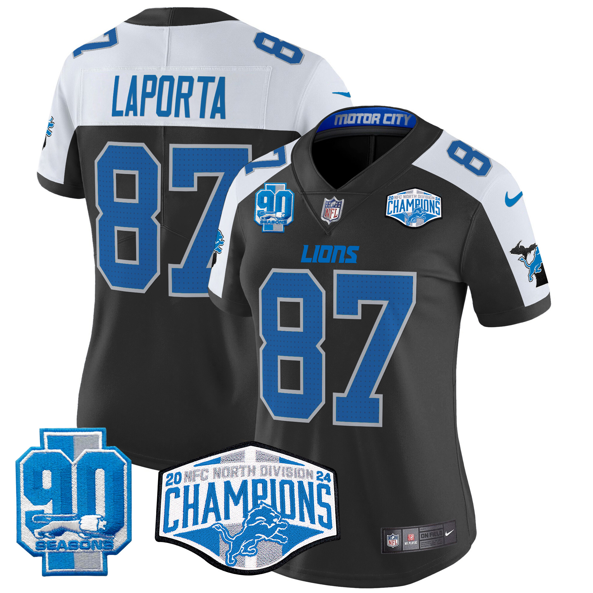 Sam Laporta Women's Detroit Lions 2024 NFC North Division Champions Patch Vapor Limited Black Alternate Jersey - All Stitched