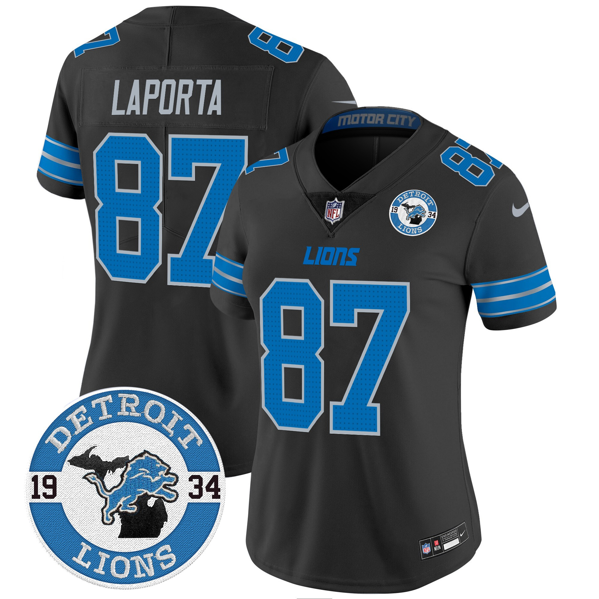 Sam Laporta Women's Detroit Lions 2024 Vapor Limited Black Jersey - Est. 1934 Patch - All Stitched