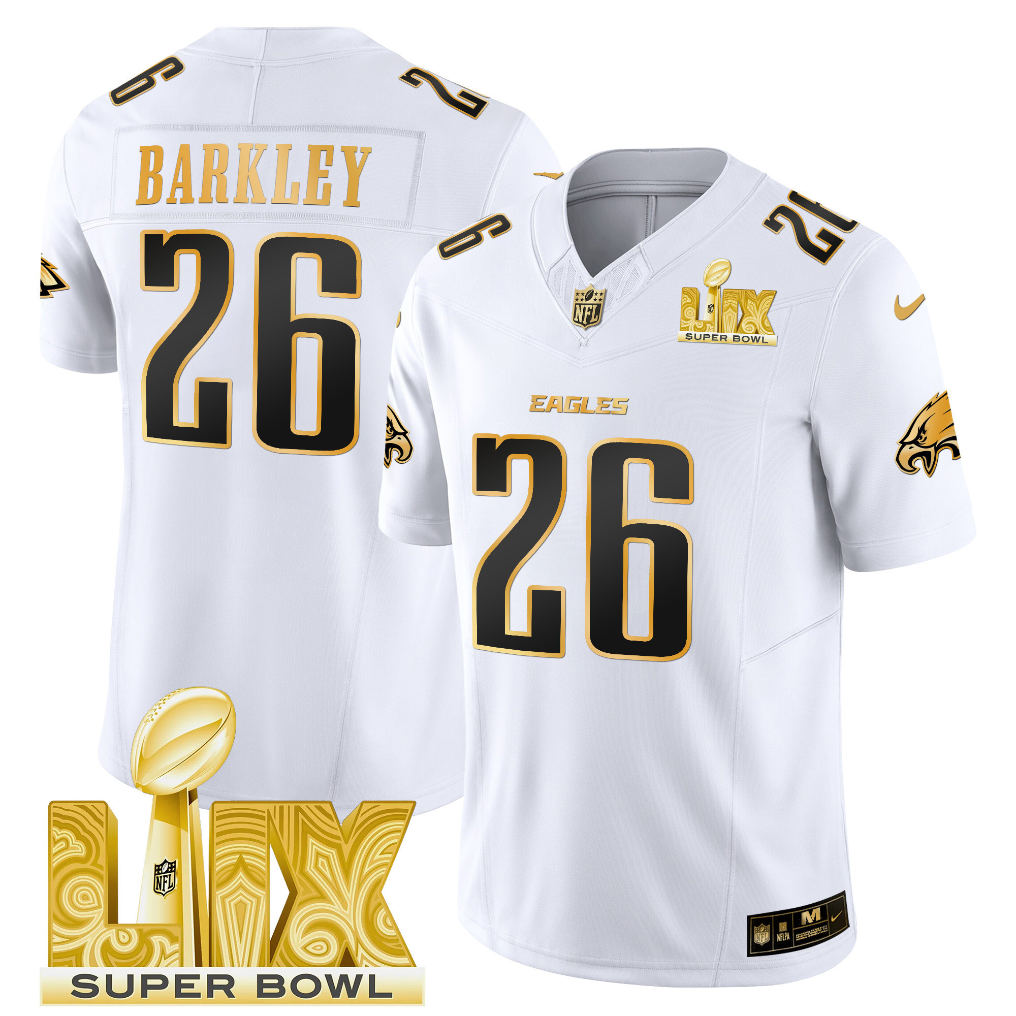 Saquon Barkley Men's Philadelphia Eagles Super Bowl LIX Patch Gold Vapor Limited White Gold Jersey - All Stitched