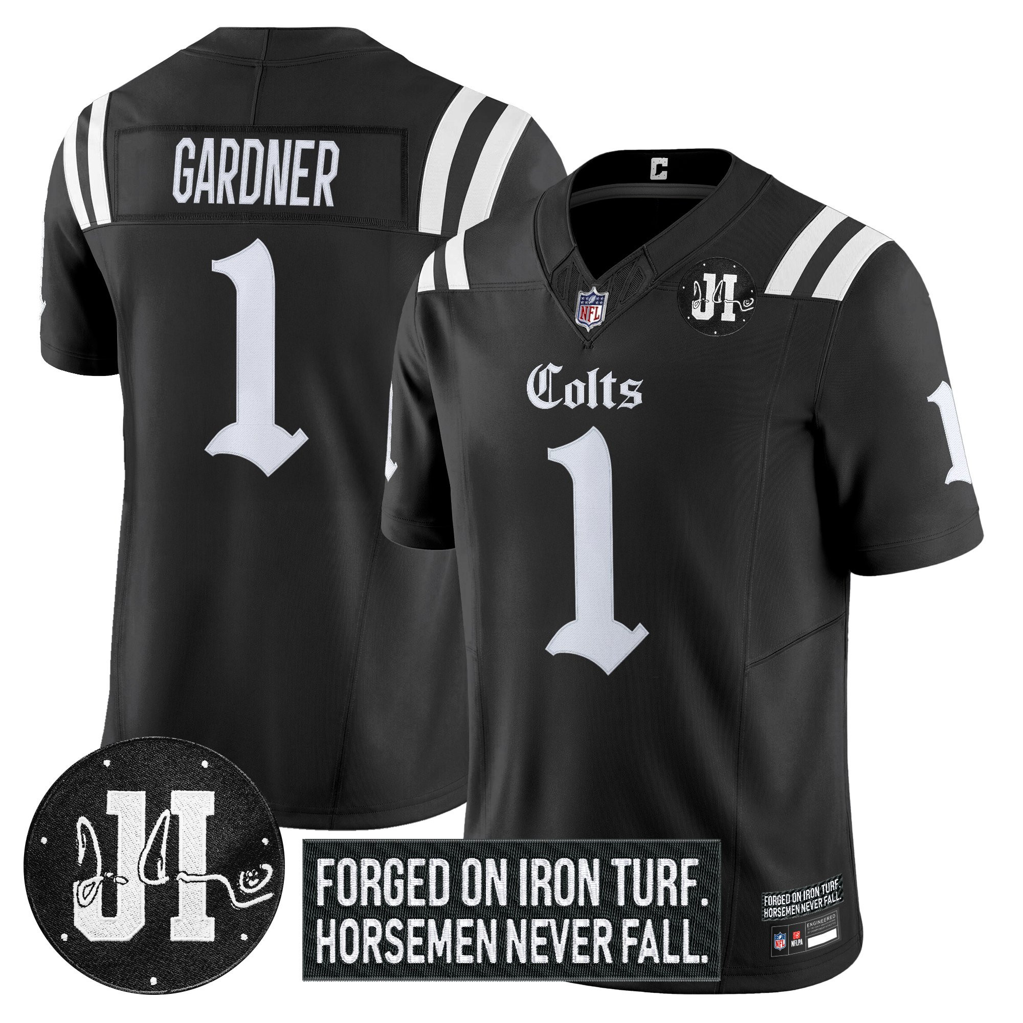Sauce Gardner Men's Indianapolis Colts 2025 Gothic Iron Hoof Edition Vapor Limited Black Jersey - Jim Irsay Patch - All Stitched