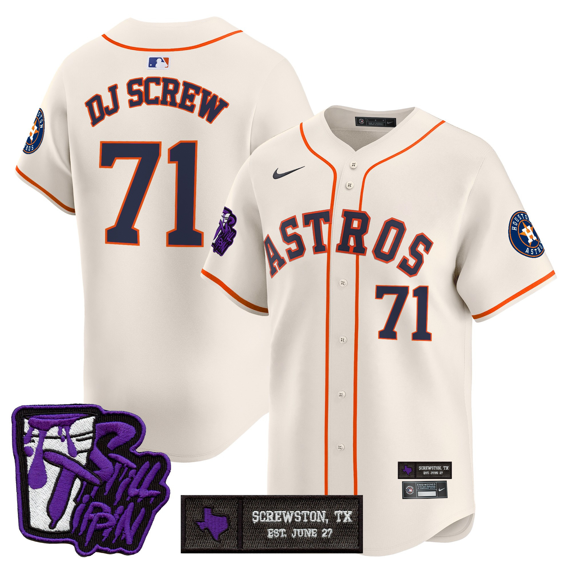 Screw 1971 Men's Houston Astros DJ Screw Still Tippin Purple Patch Vapor Premier Limited Cream Jersey - Stitched