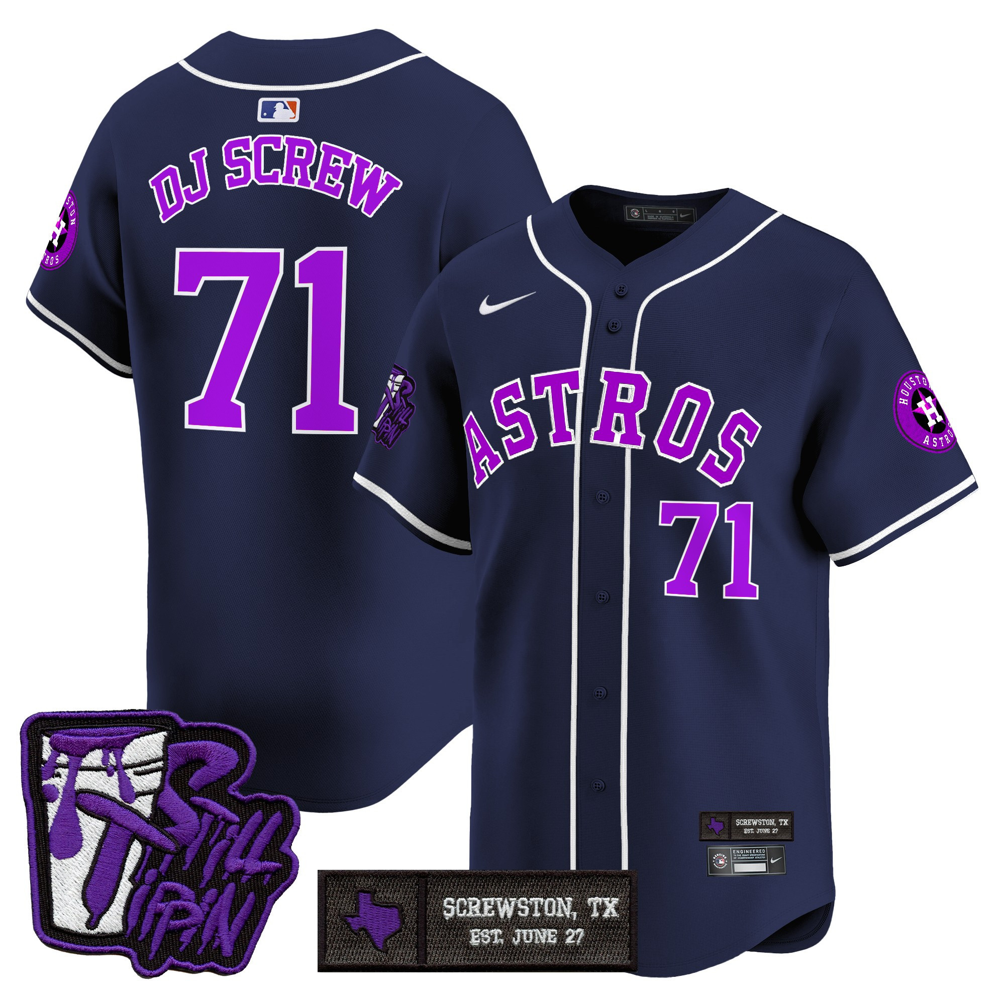 Screw 1971 Men's Houston Astros DJ Screw Still Tippin Purple Patch Vapor Premier Limited Navy Jersey - Stitched