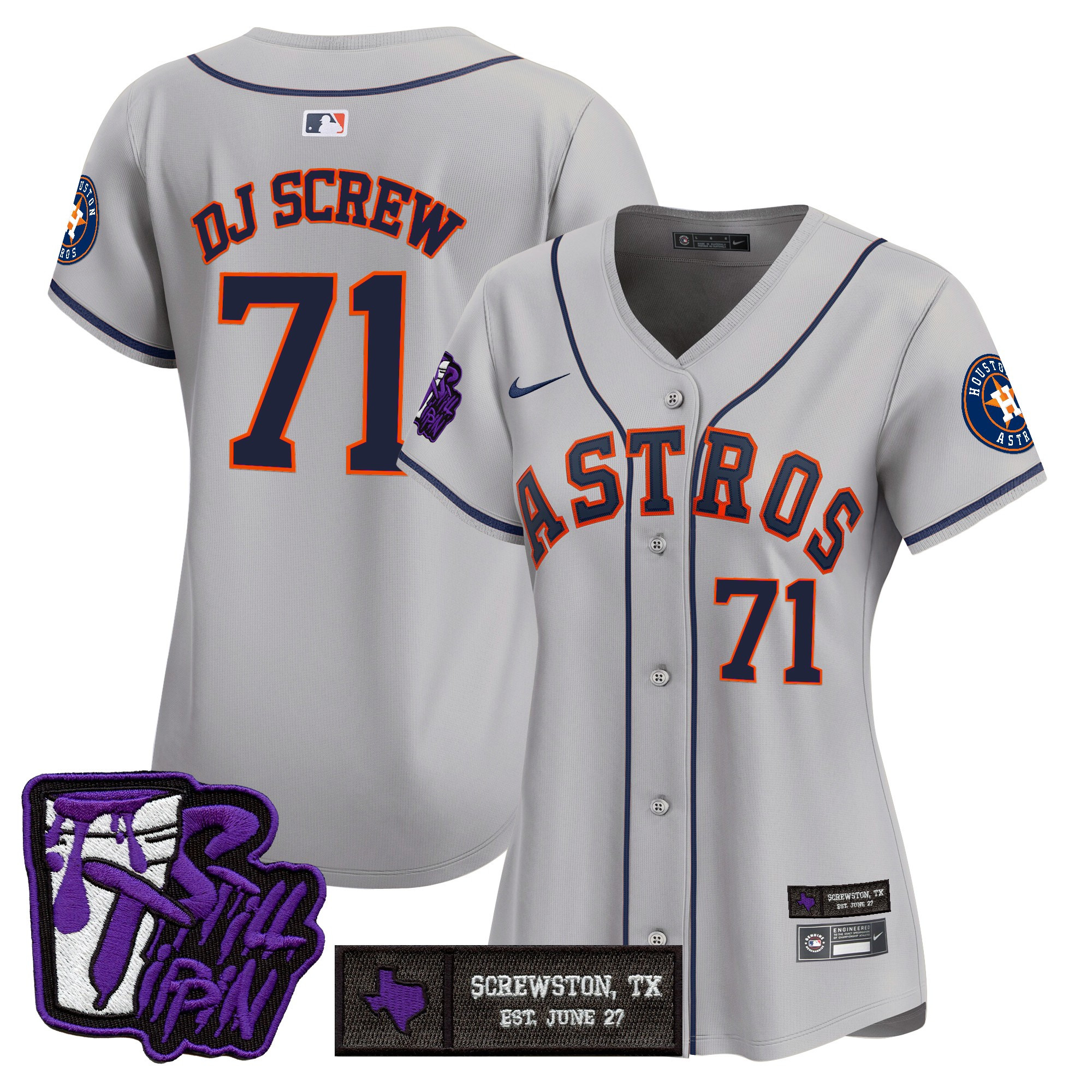Screw 1971 Women's Houston Astros DJ Screw Still Tippin Purple Patch Vapor Premier Limited Gray Jersey - Stitched