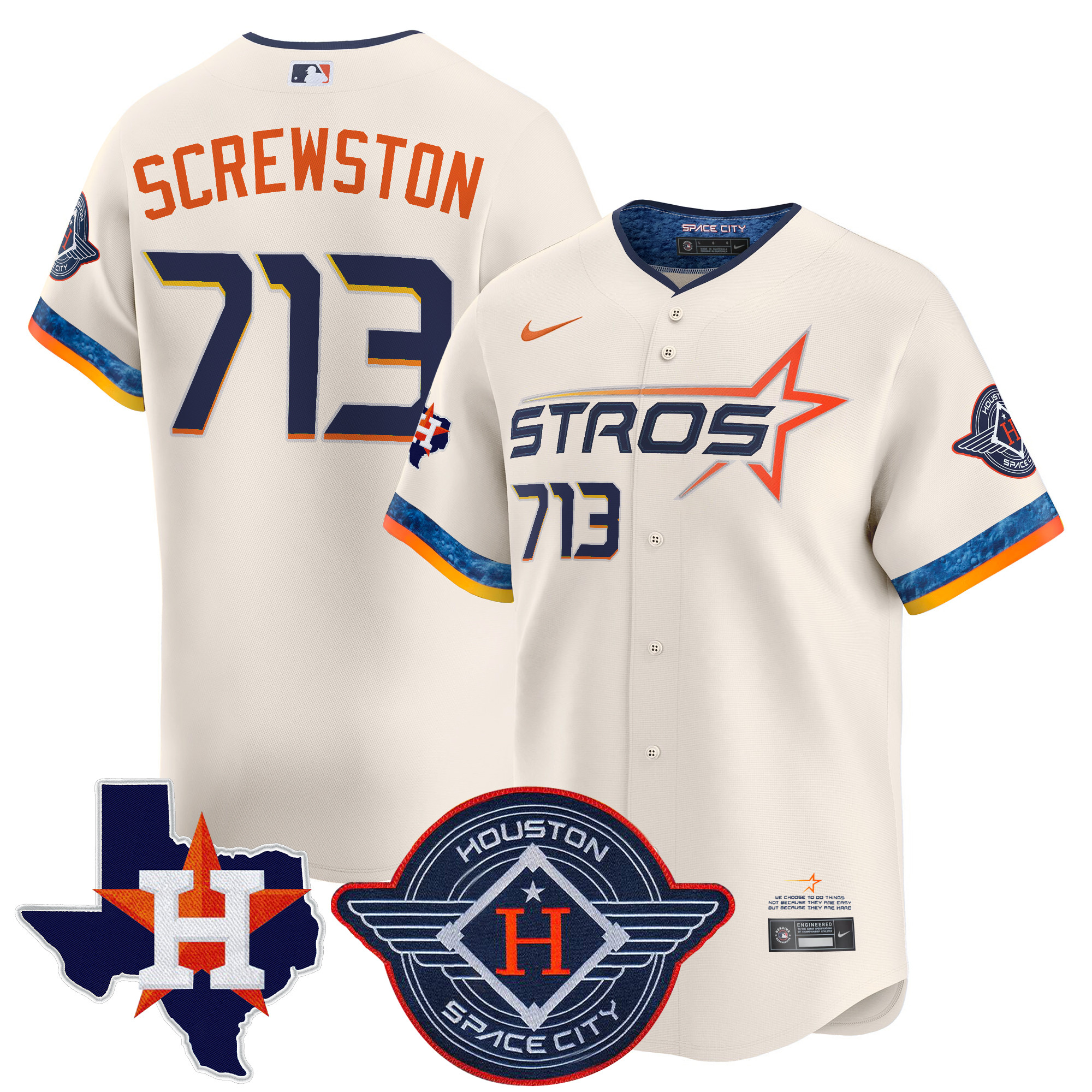 Screwston 713 Men's Houston Astros 2025 City Connect Texas Patch Vapor Premier Limited Cream Jersey - All Stitched