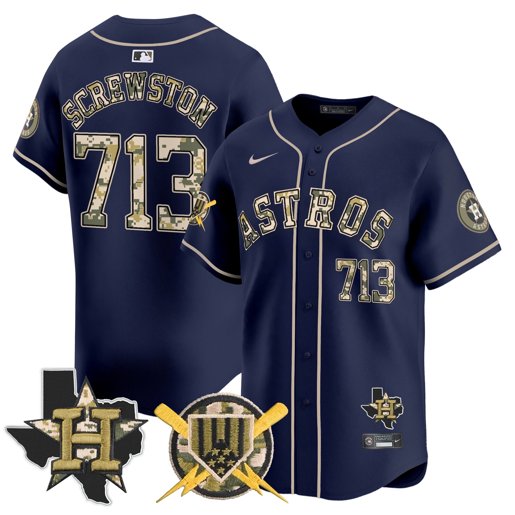 Screwston 713 Men's Houston Astros Armed Forces Day Vapor Premier Limited Navy Jersey V2 - All Stitched