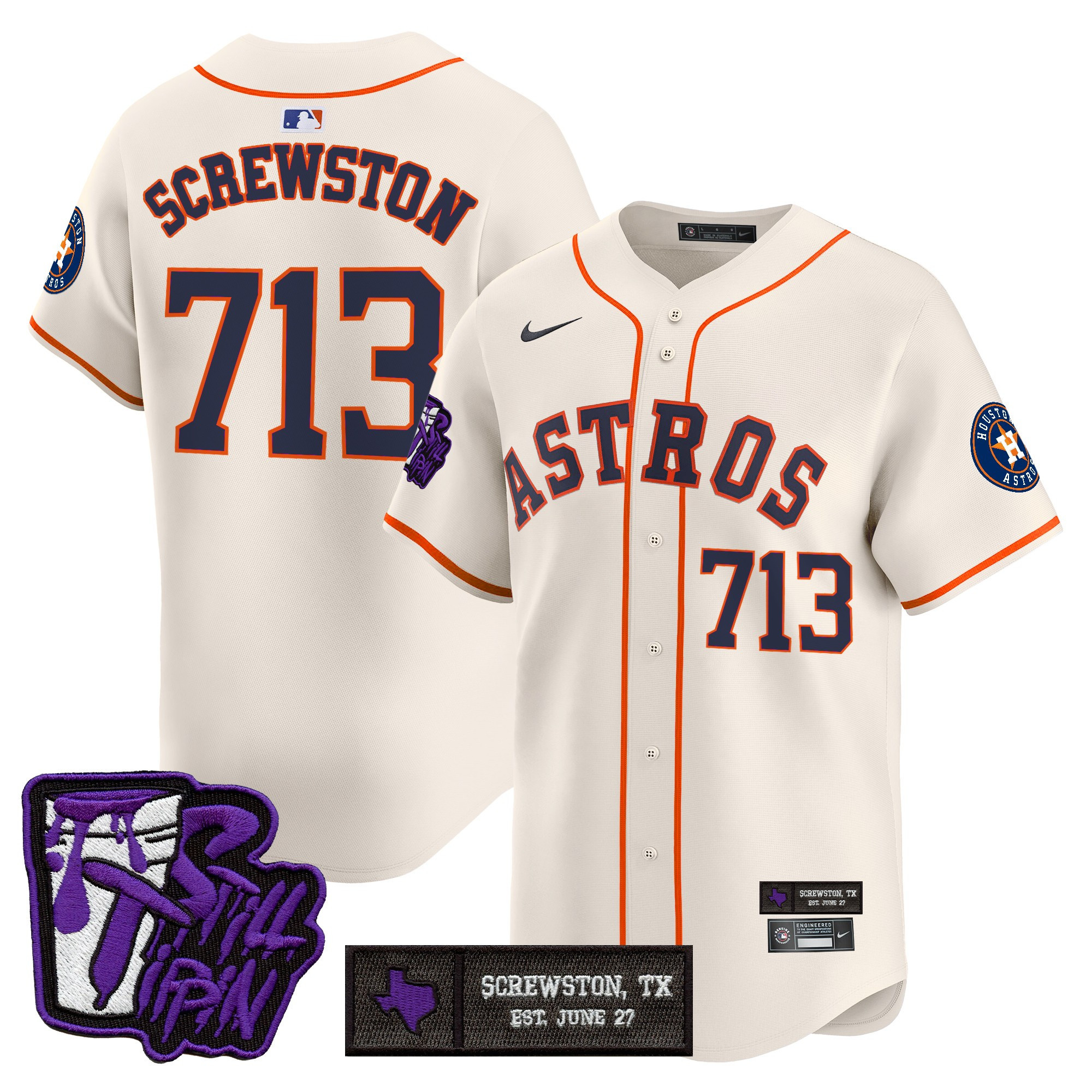 Screwston 713 Men's Houston Astros DJ Screw Still Tippin Purple Patch Vapor Premier Limited Cream Jersey - Stitched