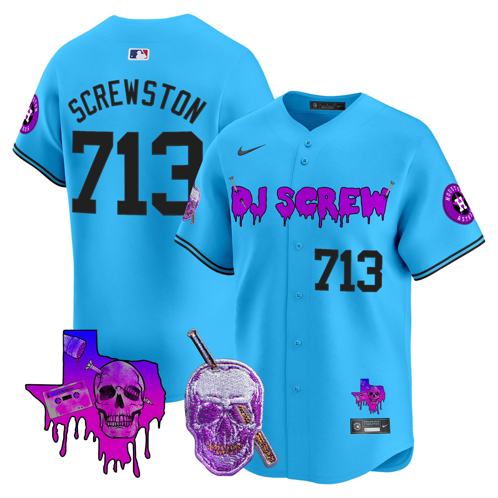Screwston 713 Men's Houston Astros DJ Screw Vapor Premier Limited Light Blue Jersey - All Stitched
