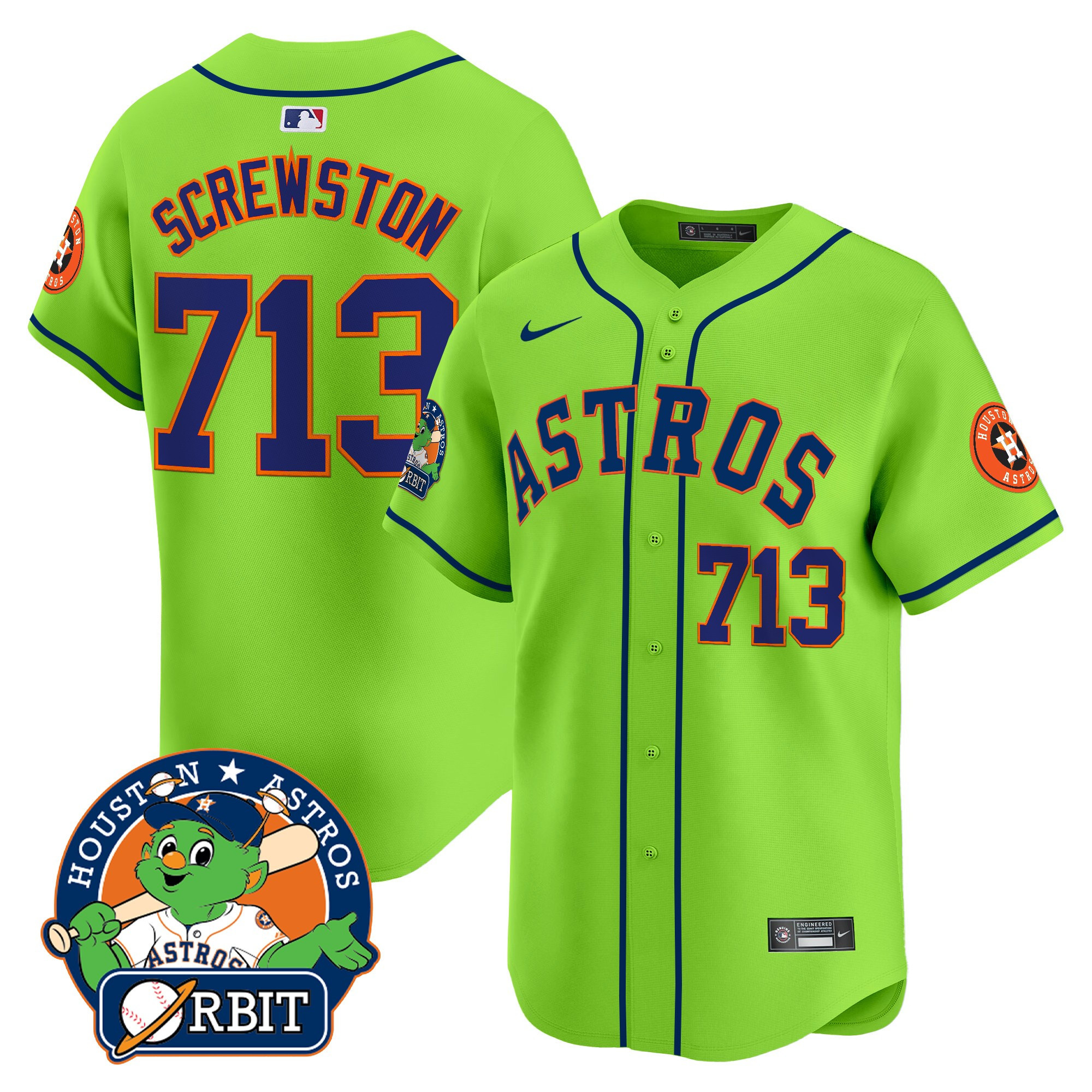 Screwston 713 Men's Houston Astros Orbit Patch Vapor Premier Limited Green Jersey V2 - All Stitched