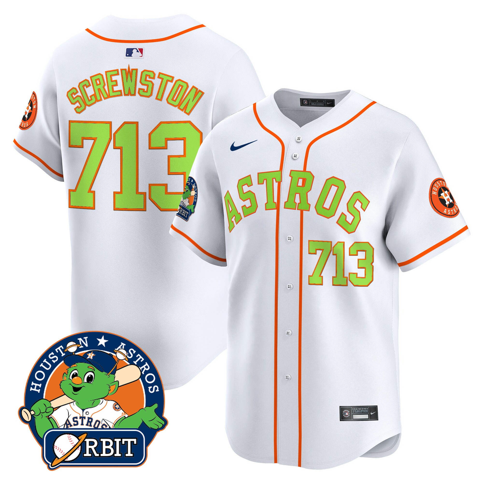 Screwston 713 Men's Houston Astros Orbit Patch Vapor Premier Limited White Jersey V2 - All Stitched