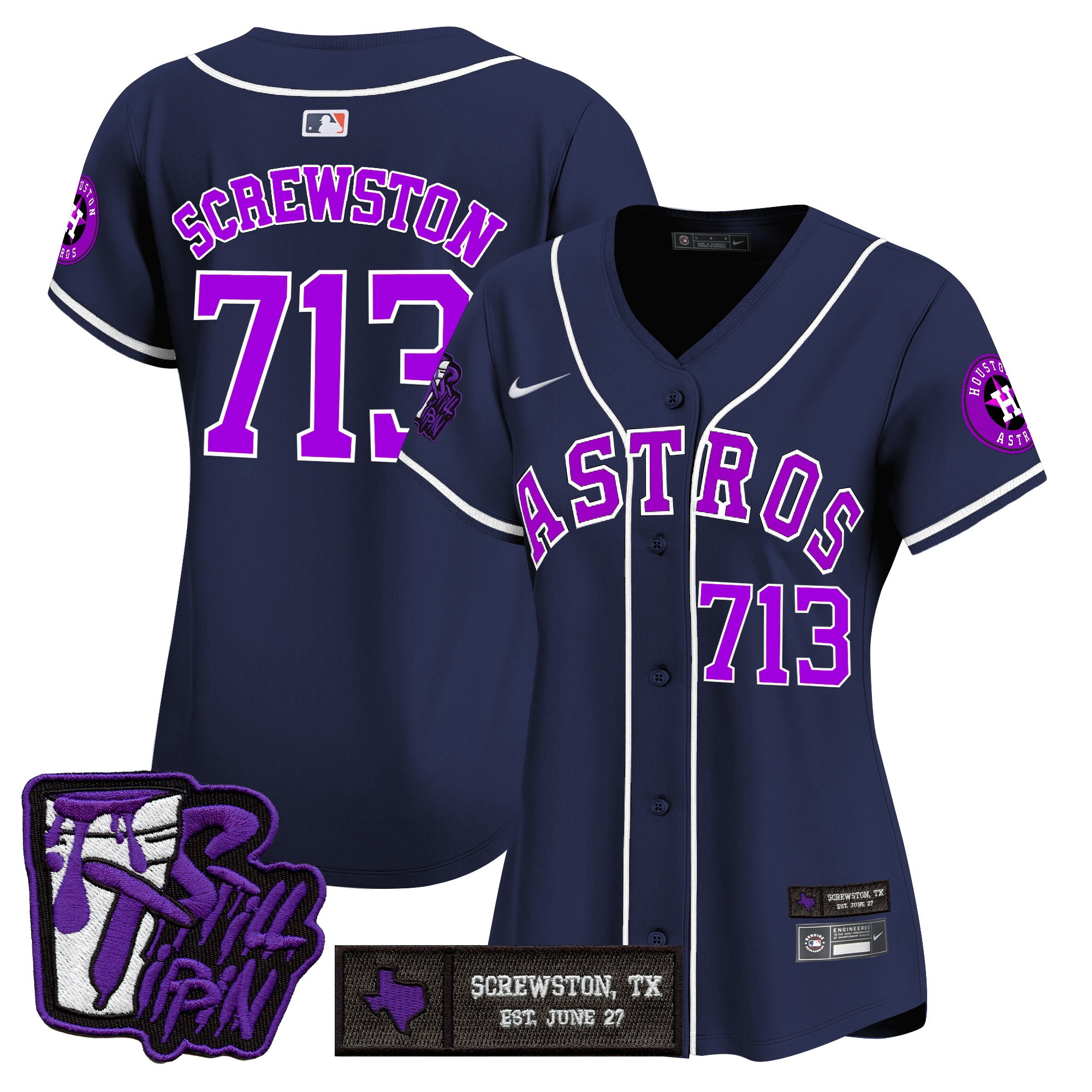 Screwston 713 Women's Houston Astros DJ Screw Still Tippin Purple Patch Vapor Premier Limited Navy Jersey - Stitched