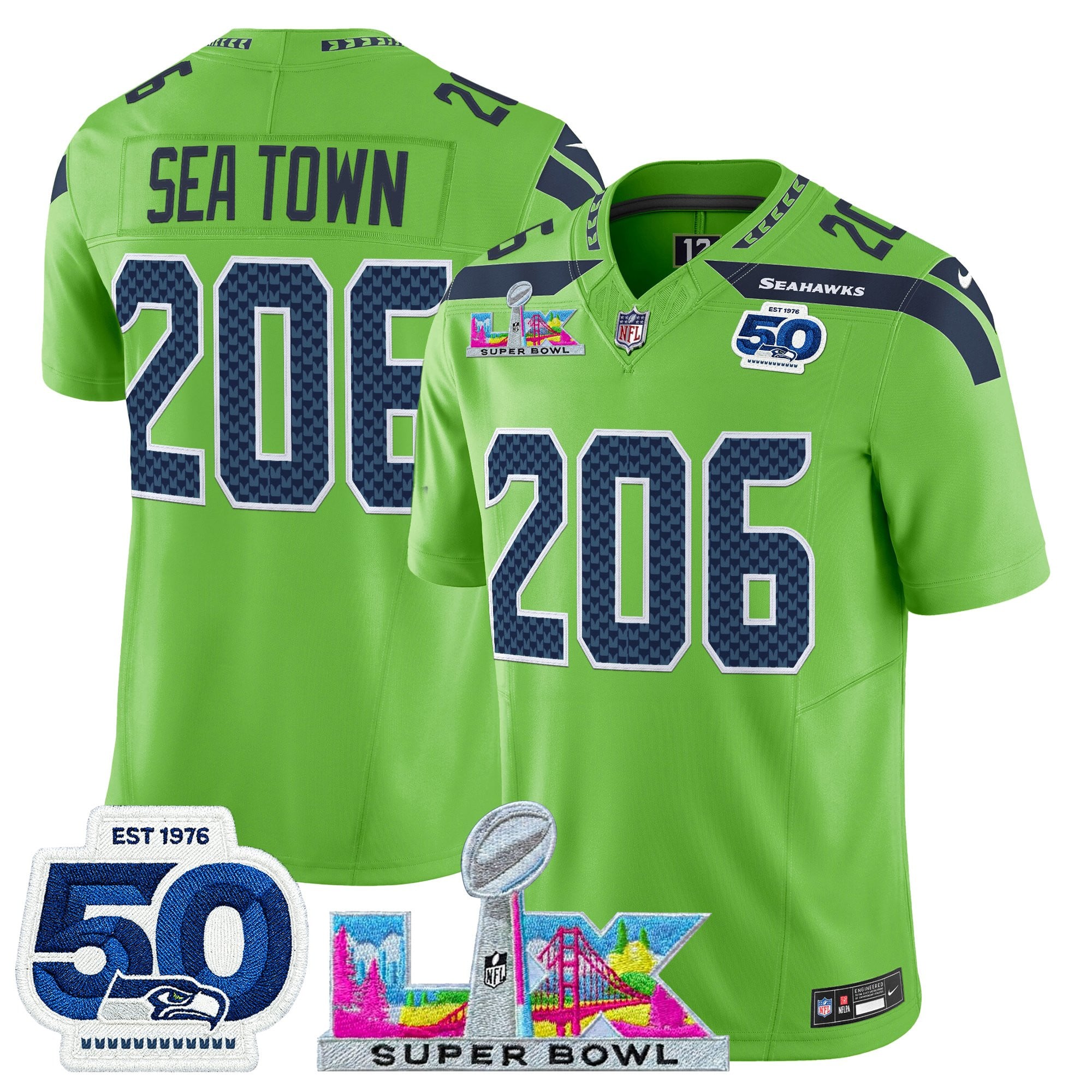 Sea Town 206 Men's Seattle Seahawks “Super Bowl LX & 50th Patch” Vapor Limited Green Jersey - All Stitched