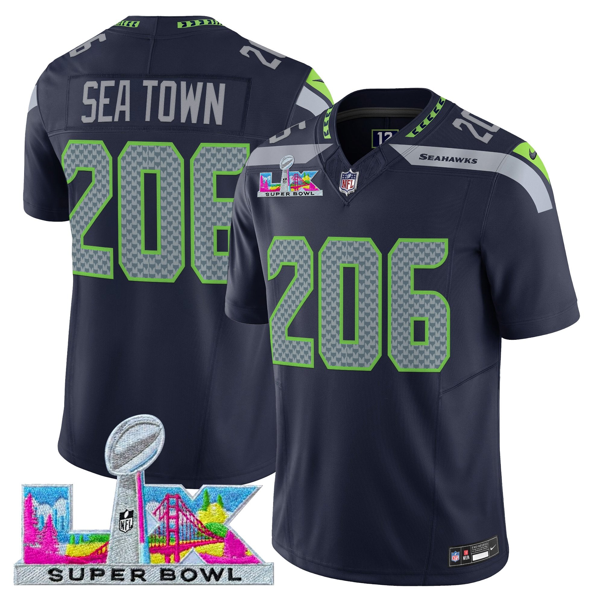 Sea Town 206 Men's Seattle Seahawks Super Bowl LX Vapor Limited College Navy Jersey - All Stitched