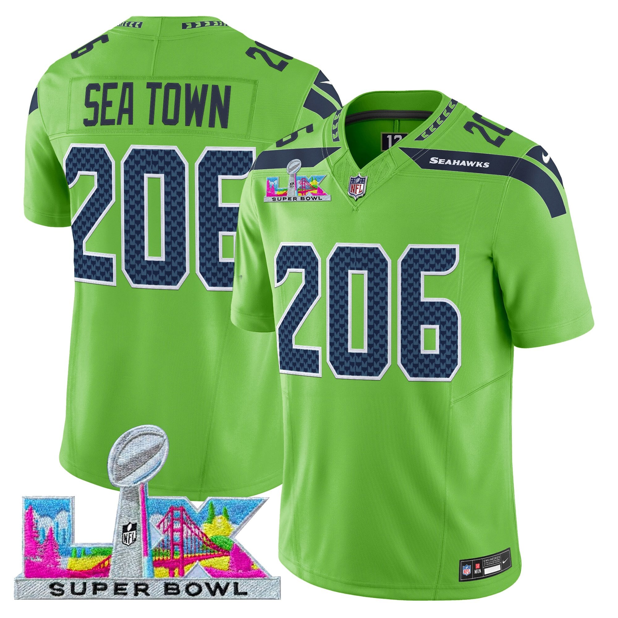 Sea Town 206 Men's Seattle Seahawks Super Bowl LX Vapor Limited Green Jersey - All Stitched