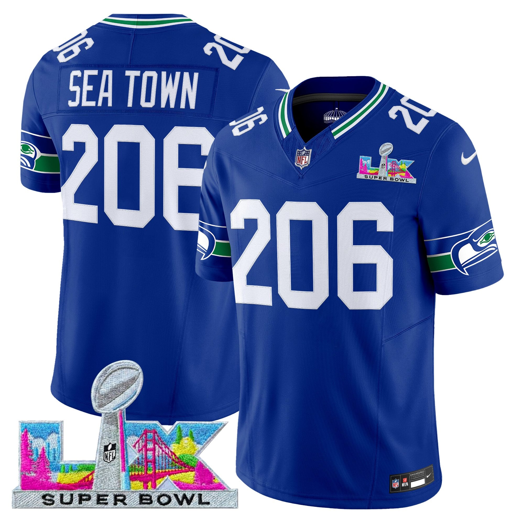 Sea Town 206 Men's Seattle Seahawks Super Bowl LX Vapor Limited Royal Jersey - All Stitched