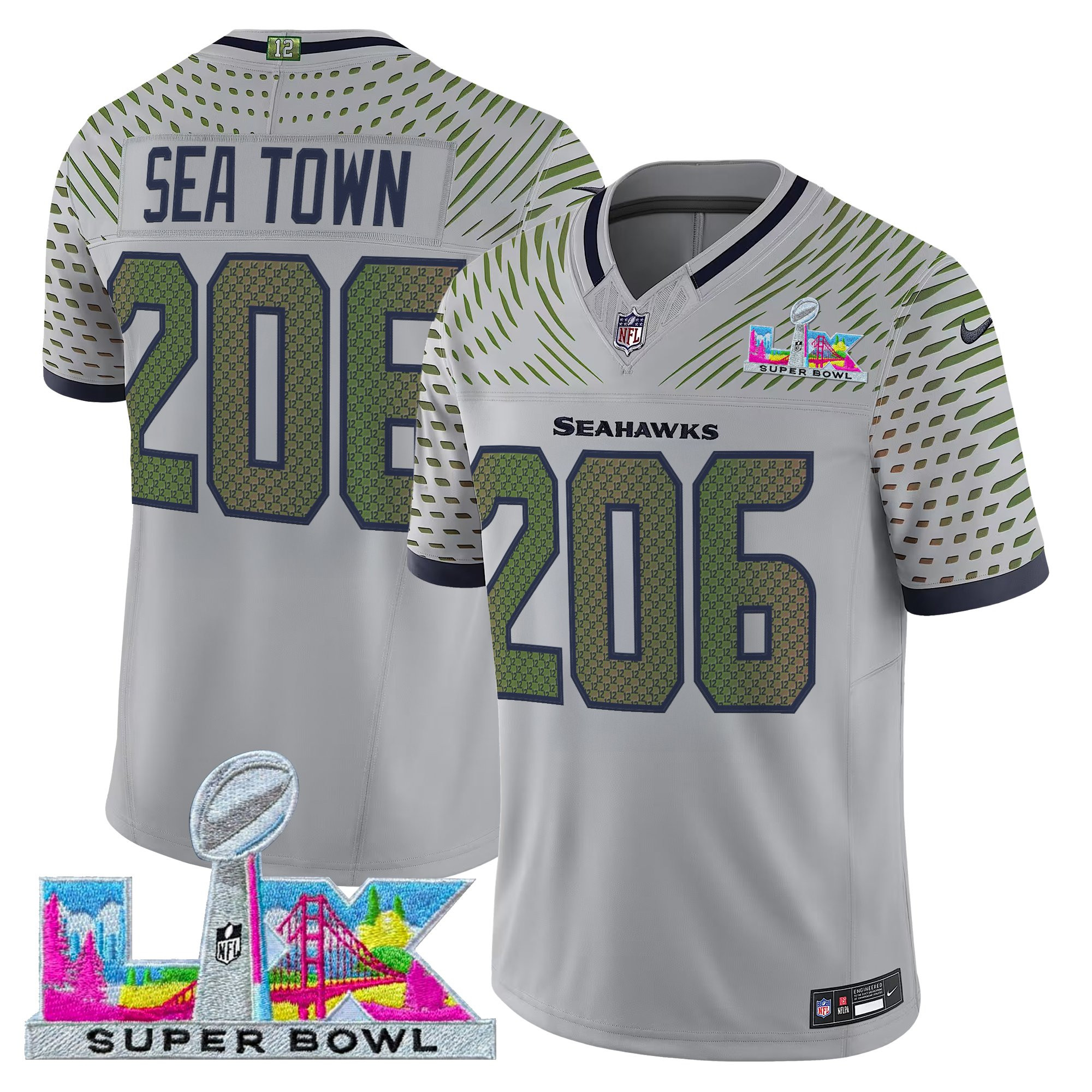 Sea Town 206 Men's Seattle Seahawks Super Bowl LX Vapor Limited Wolf Gray Jersey - All Stitched